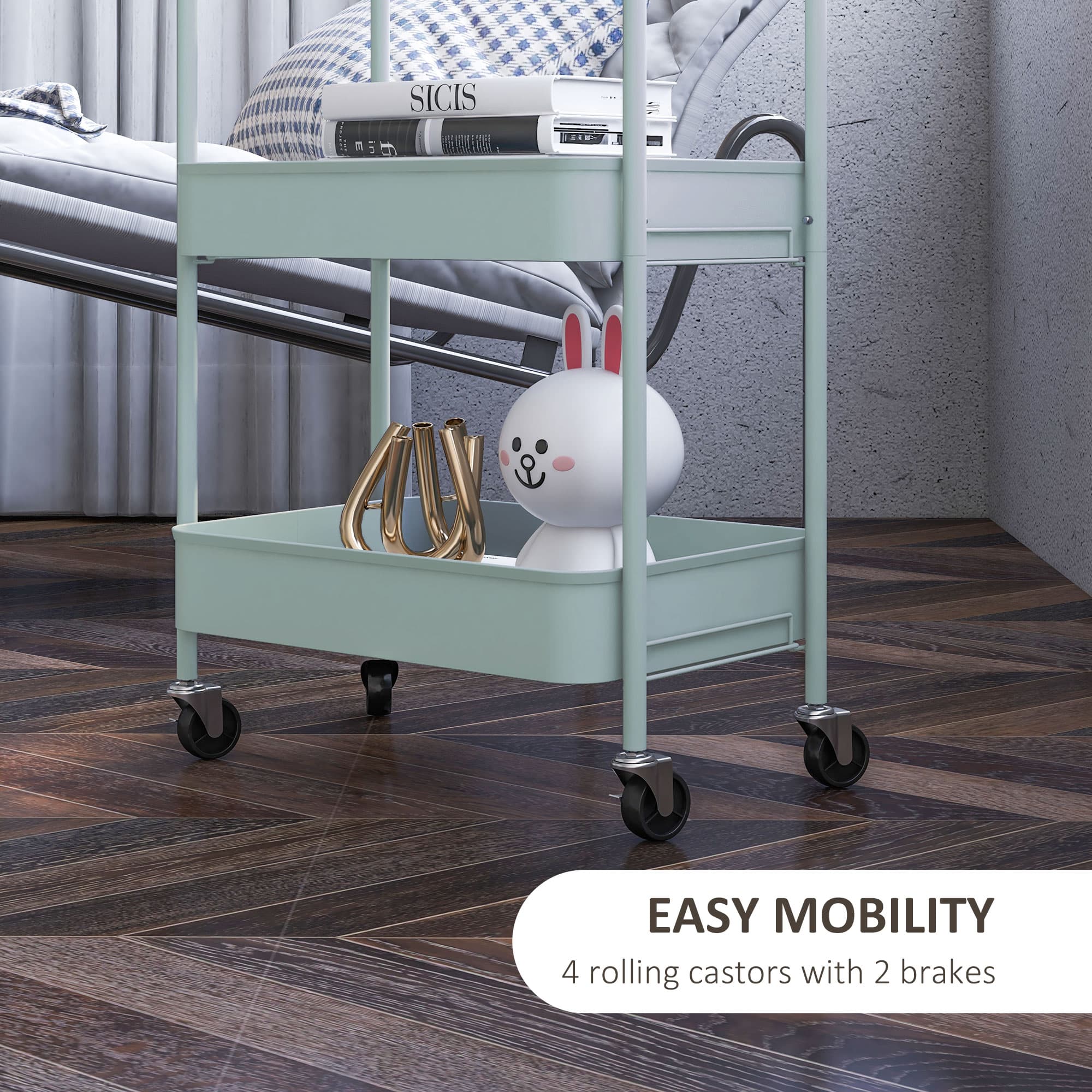 Three-Tier Steel Storage Trolley with Castors in Teal - image 7