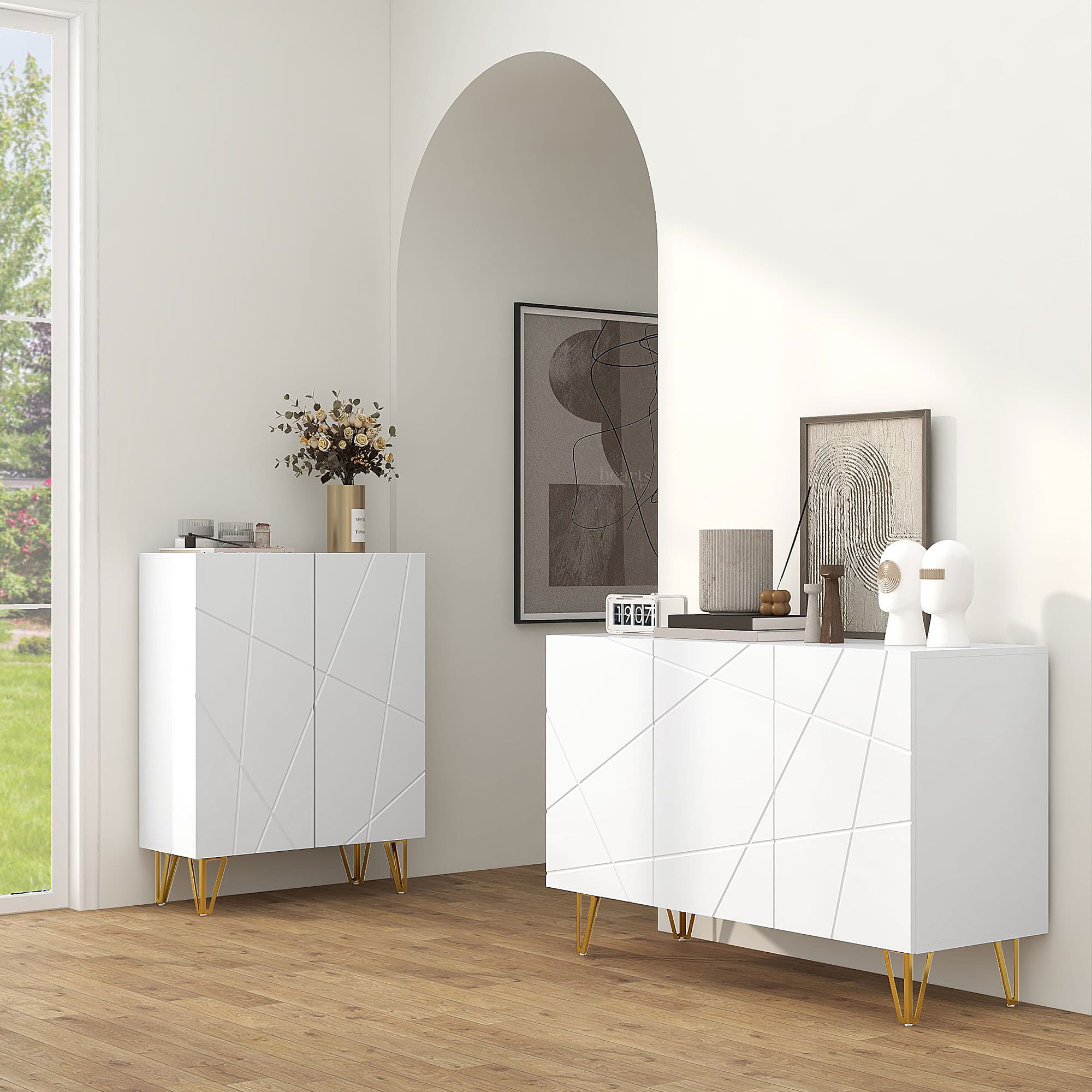 High-Gloss White Sideboard with Geometric Doors and Gold Metal Legs - image 1