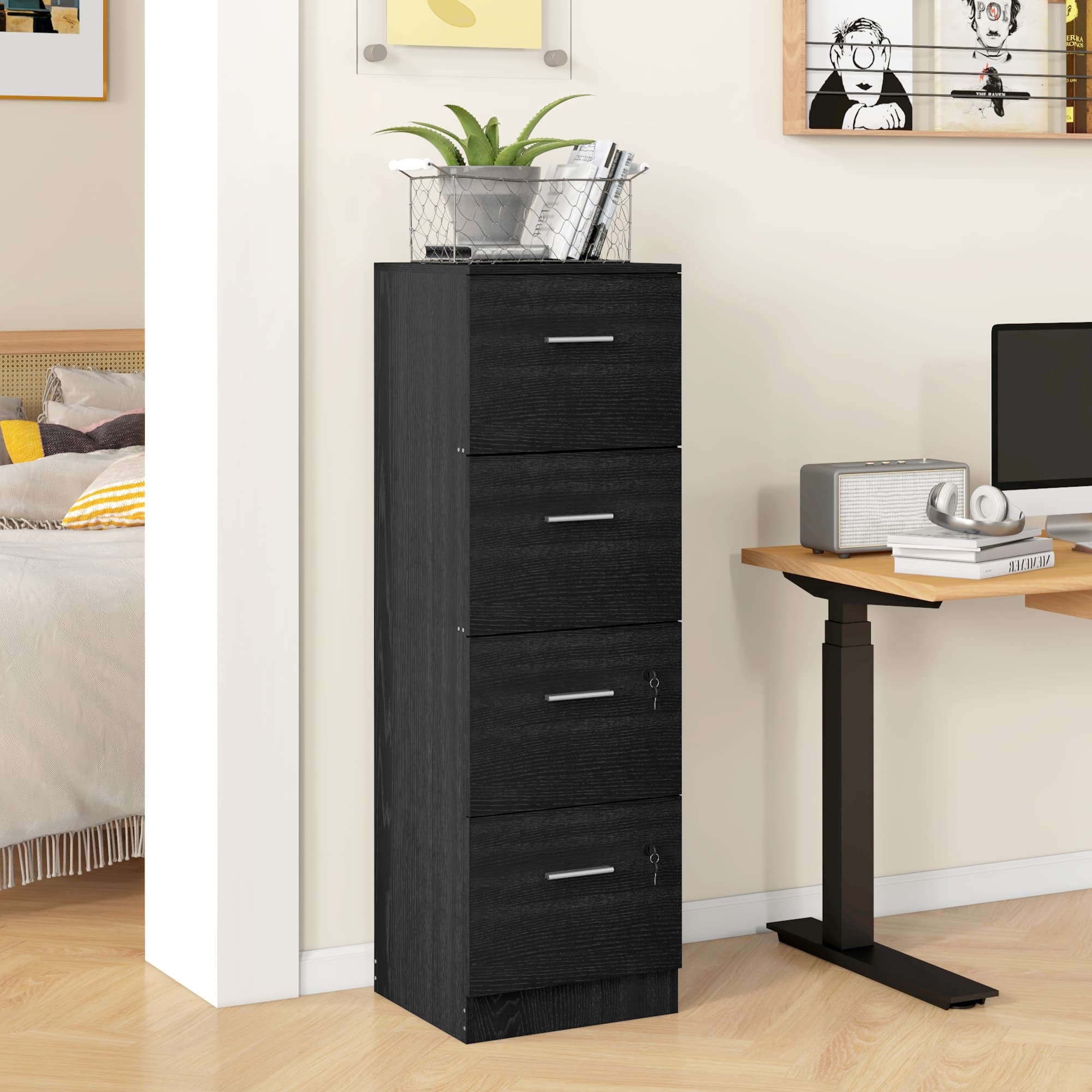 Four-Drawer Filing Cabinet with Locks — Black Wood Effect - image 4