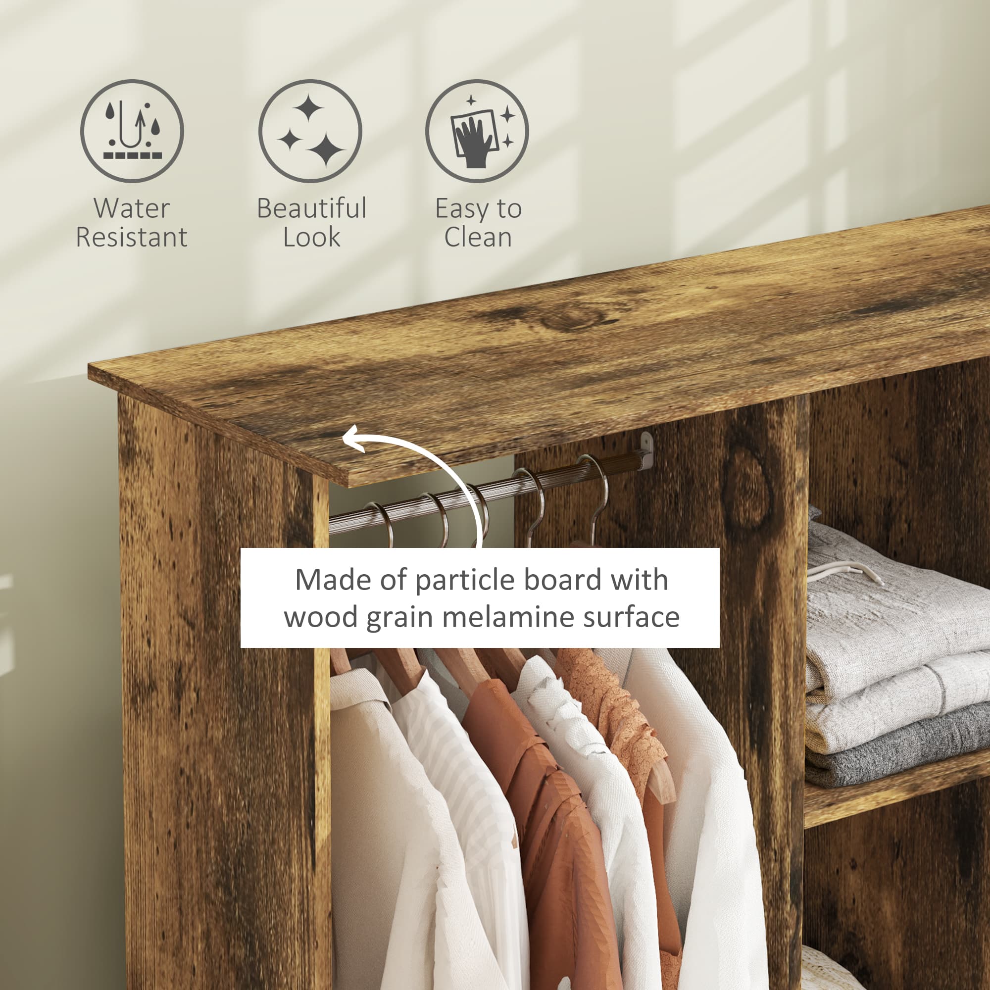 Two-Rail Open Wardrobe with Shelves on Castors, Rustic Brown - image 3