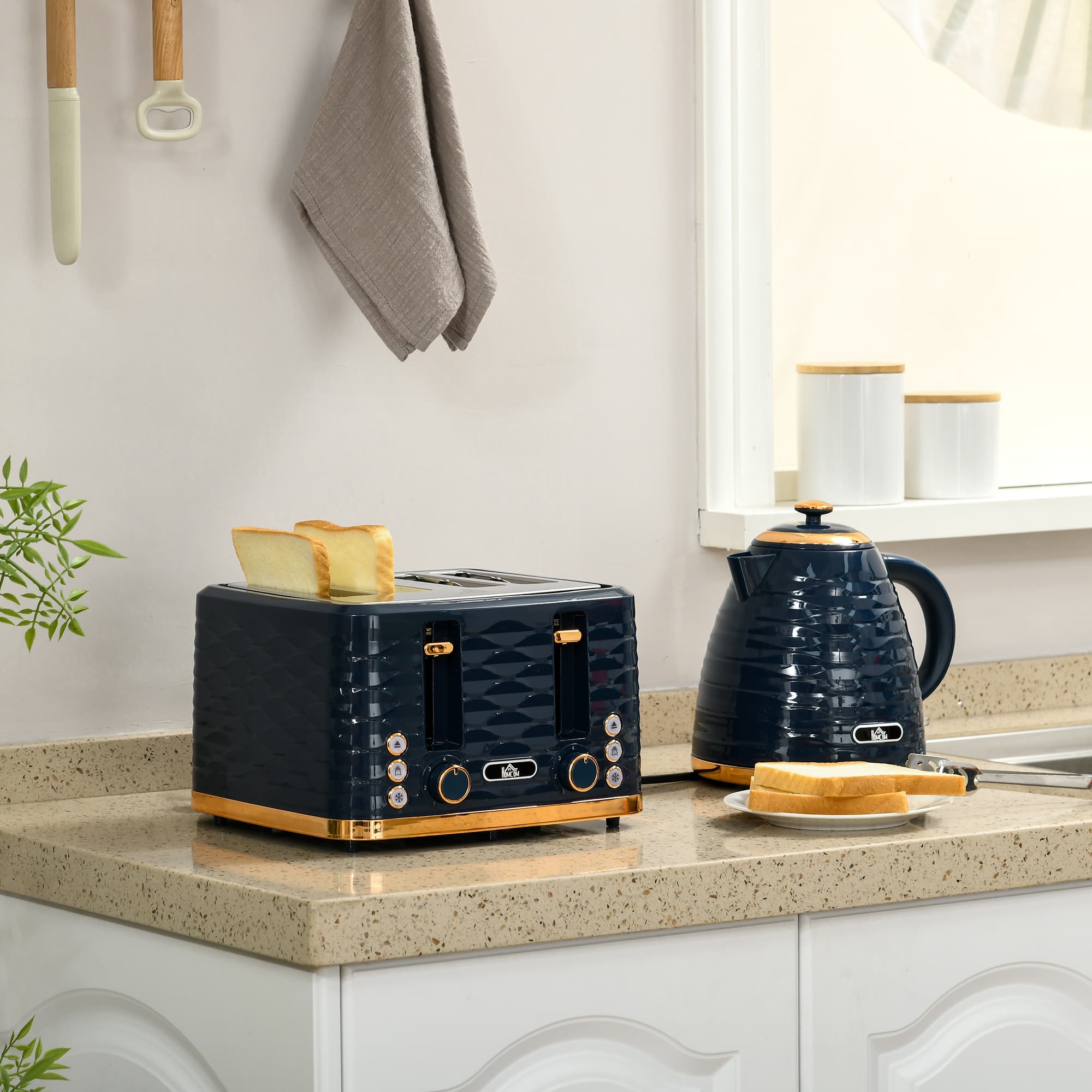 Matching Kettle and Toaster Set in Navy Blue with Gold Accents - image 4