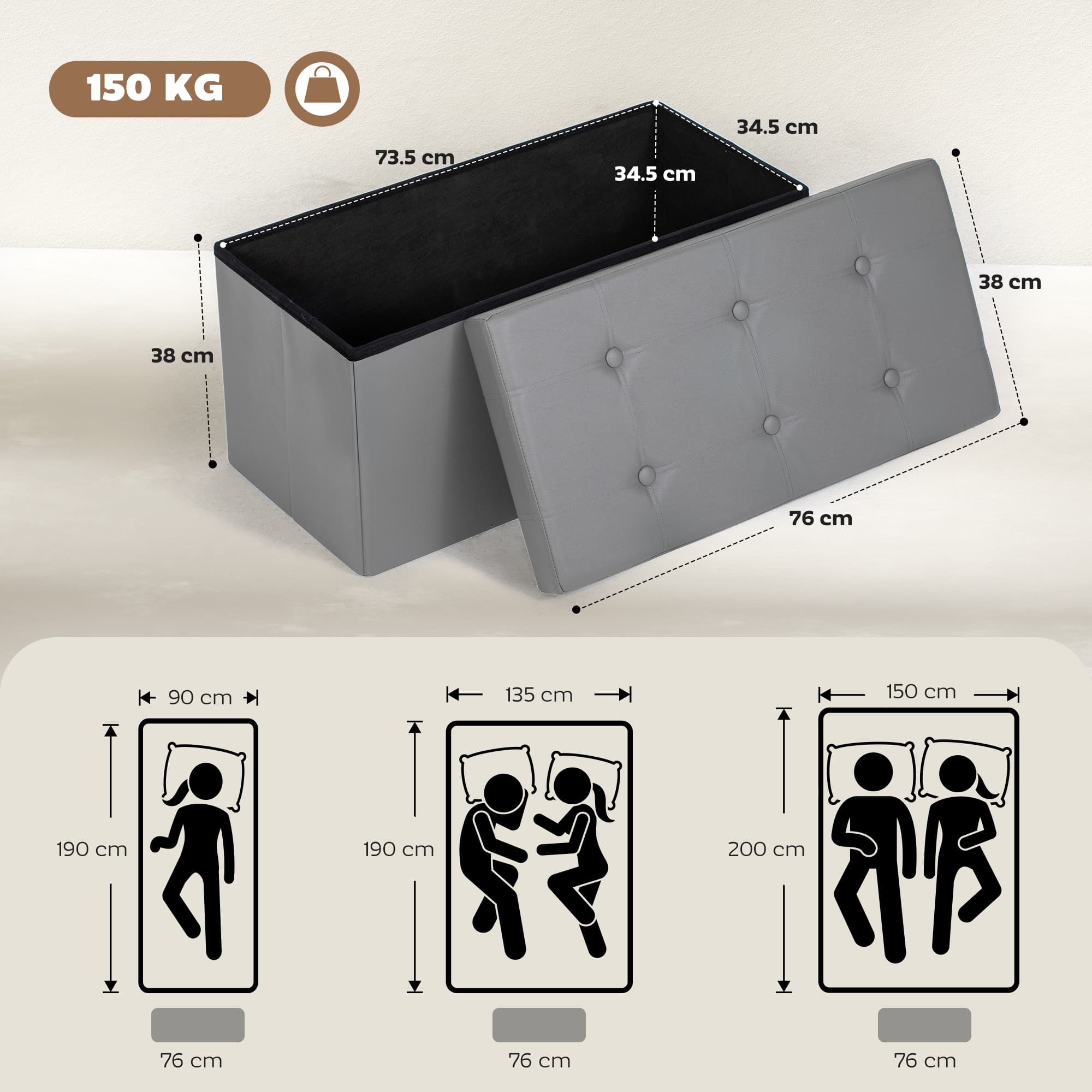 89L Folding Storage Ottoman in Grey PU Leather - image 1