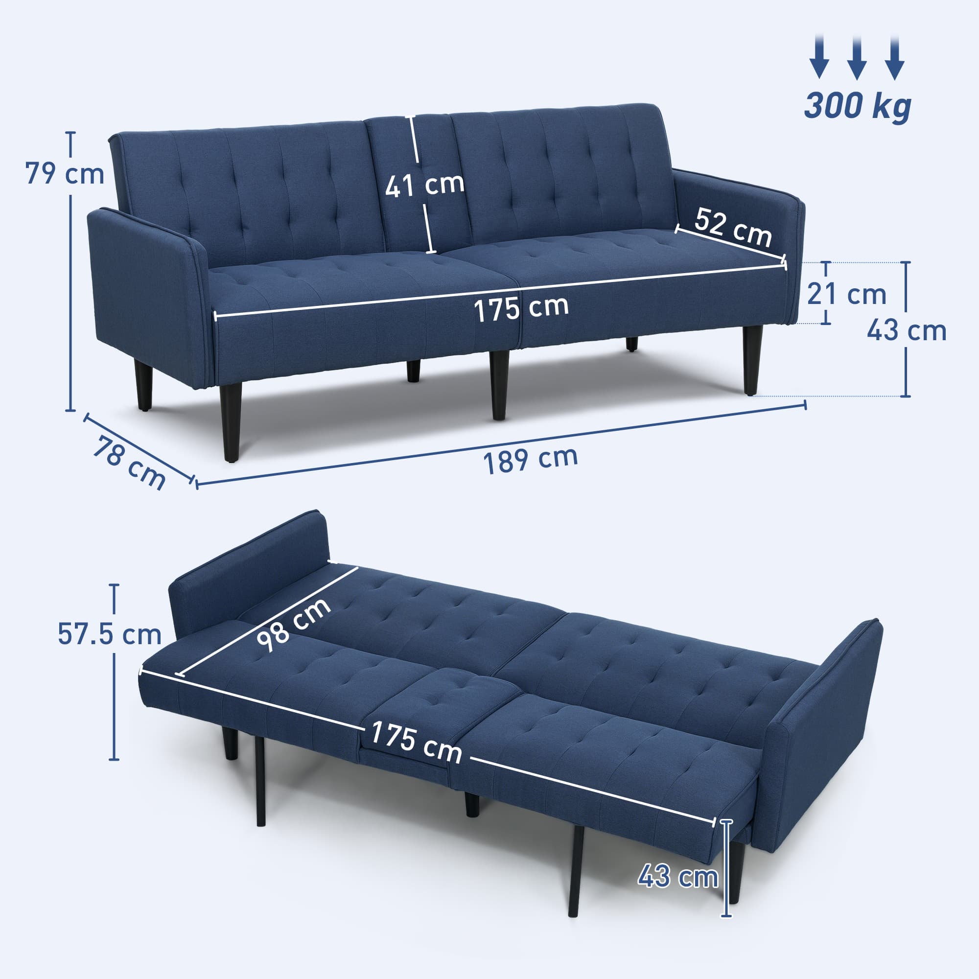 Dark Blue Sofa Bed for Three with Convertible Backrest - image 5