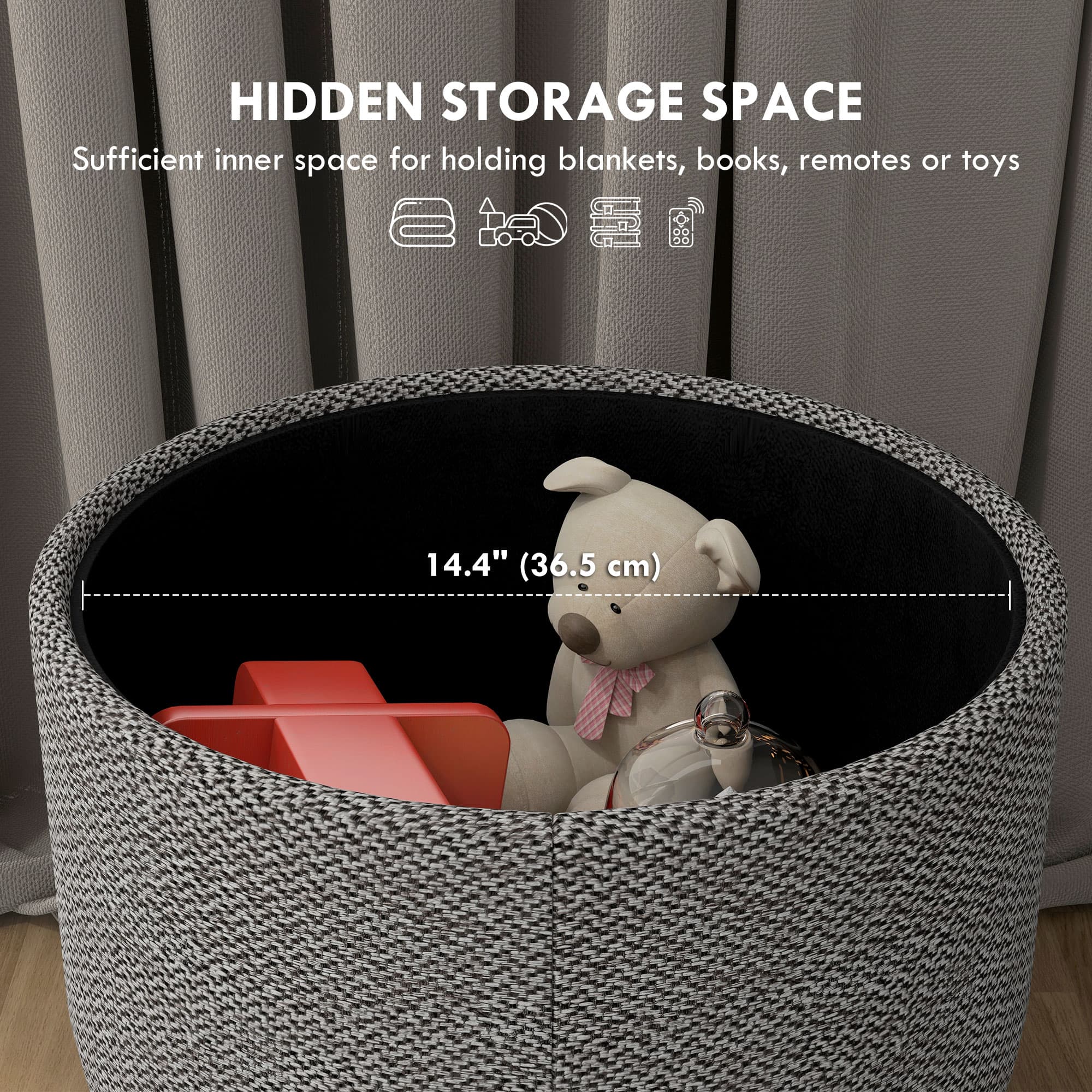 Effortless Storage: Light Grey Round Linen-Look Ottoman - image 1