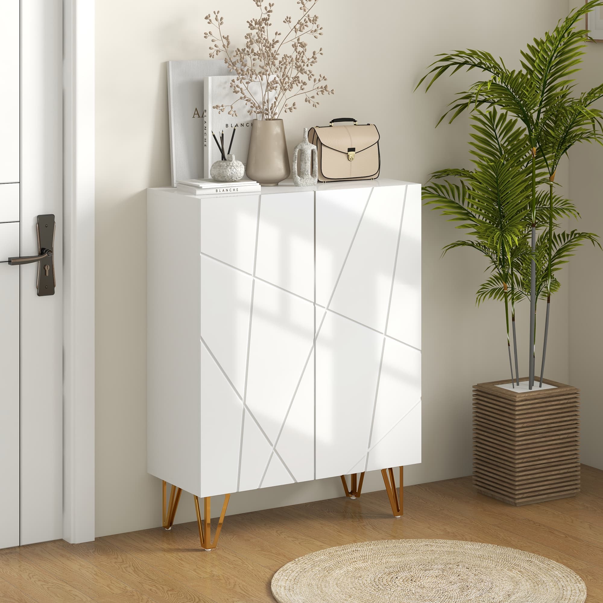 White Shoe Storage Cabinet with Geometric Doors and Gold Hairpin Legs - image 2