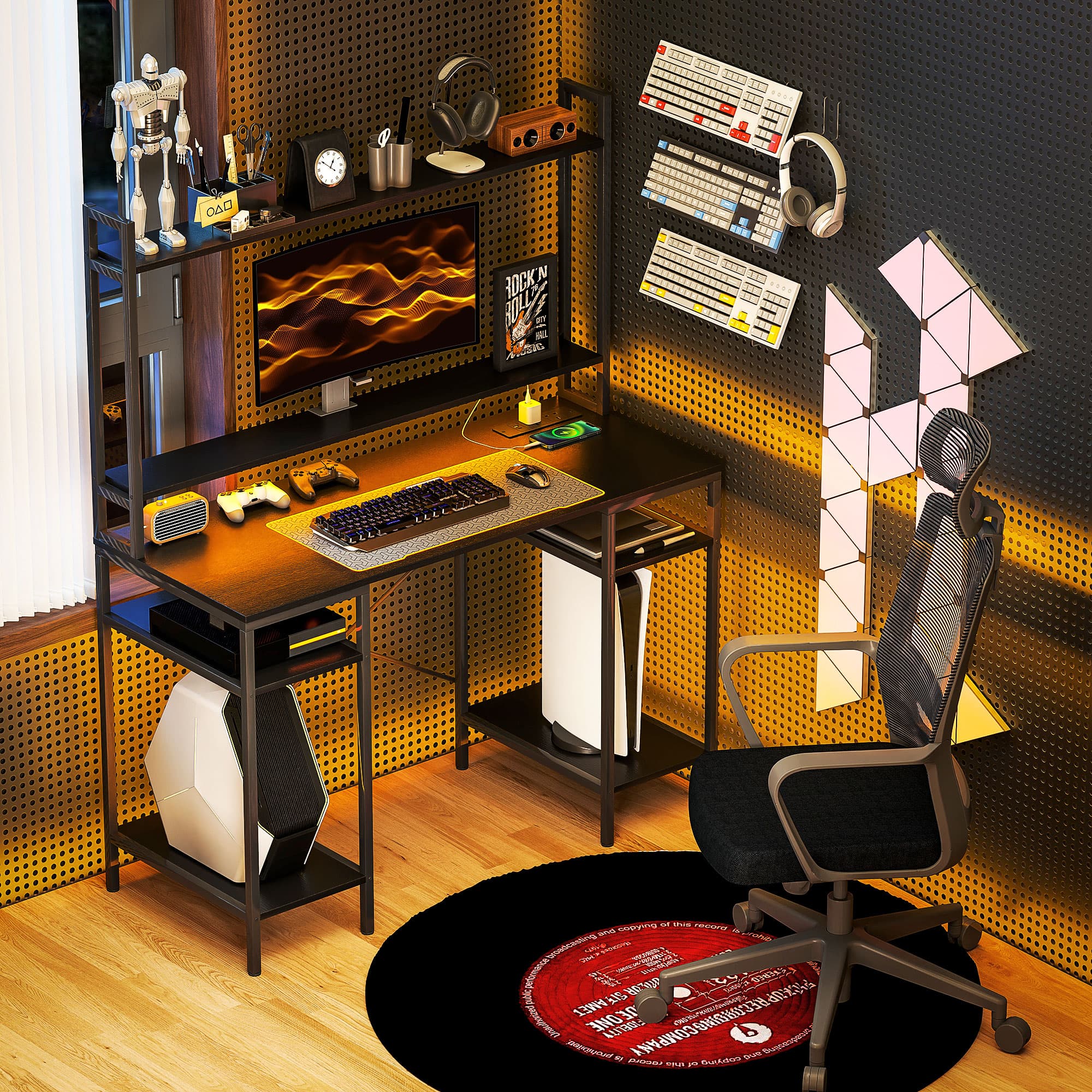 A Home Office and Gaming Desk with Built-In Power, LED Lights, and Shelving - image 1