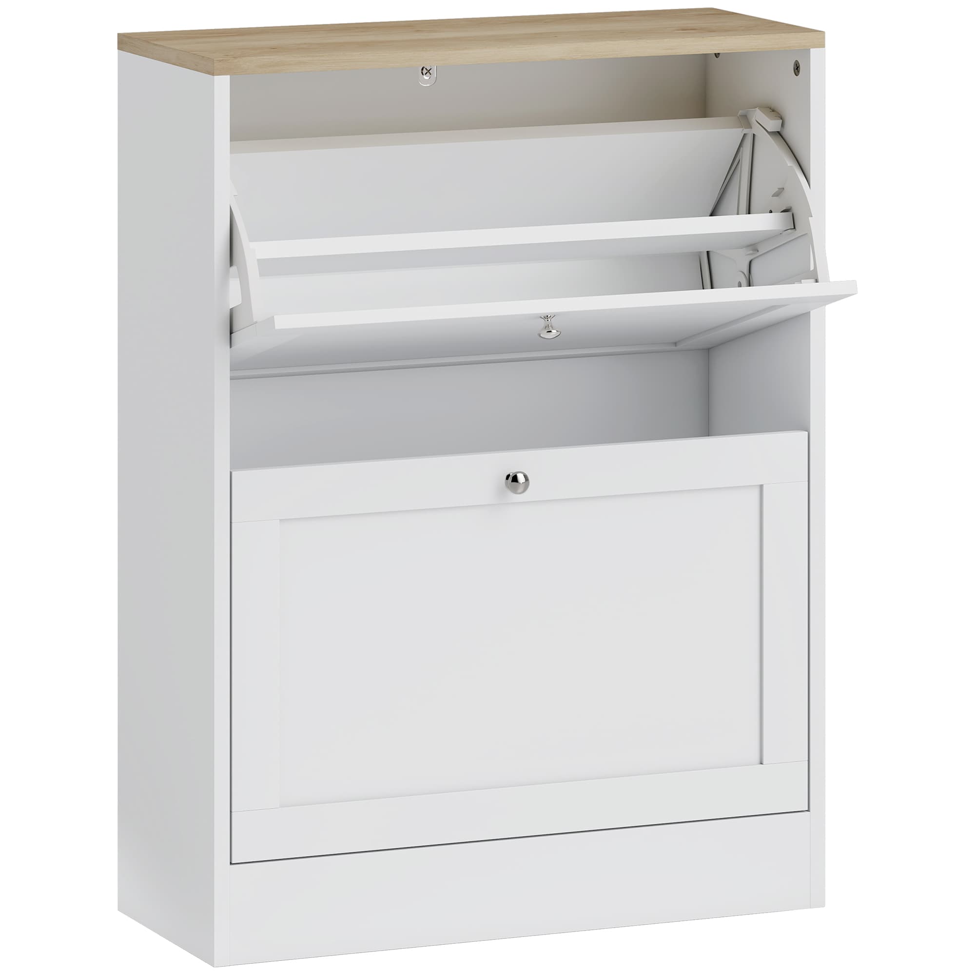 White Shoe Cabinet With Two Flip Drawers and Oak-Effect Top - image 10
