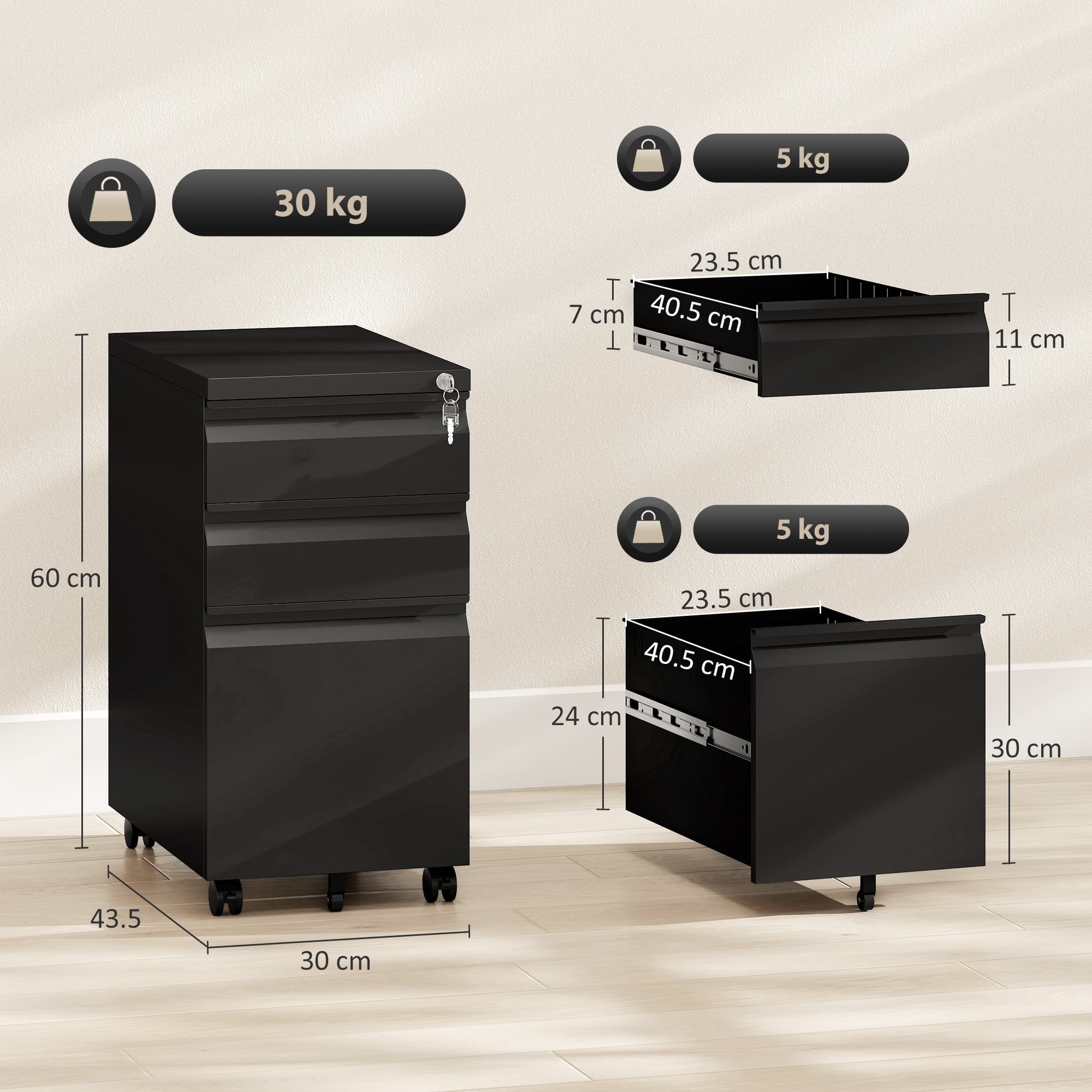 Lockable 3-Drawer Steel Filing Cabinet on Castors – Black - image 4