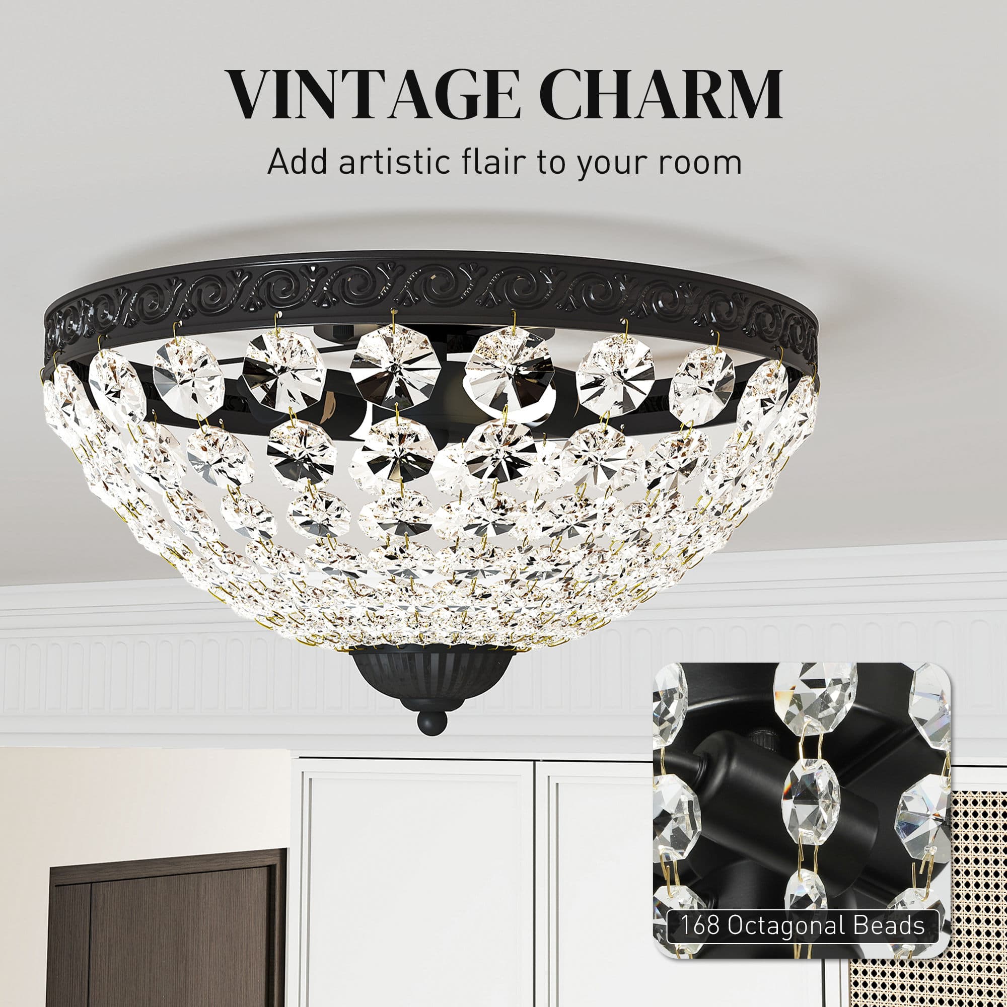 Crystal Ceiling Light with 168 Octagonal Beads, Black Frame - image 5