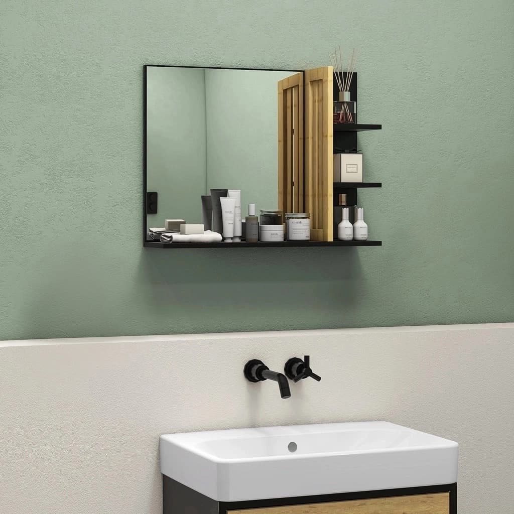 Black Bathroom Mirror with Space-Saving Bamboo Shelves - image 4