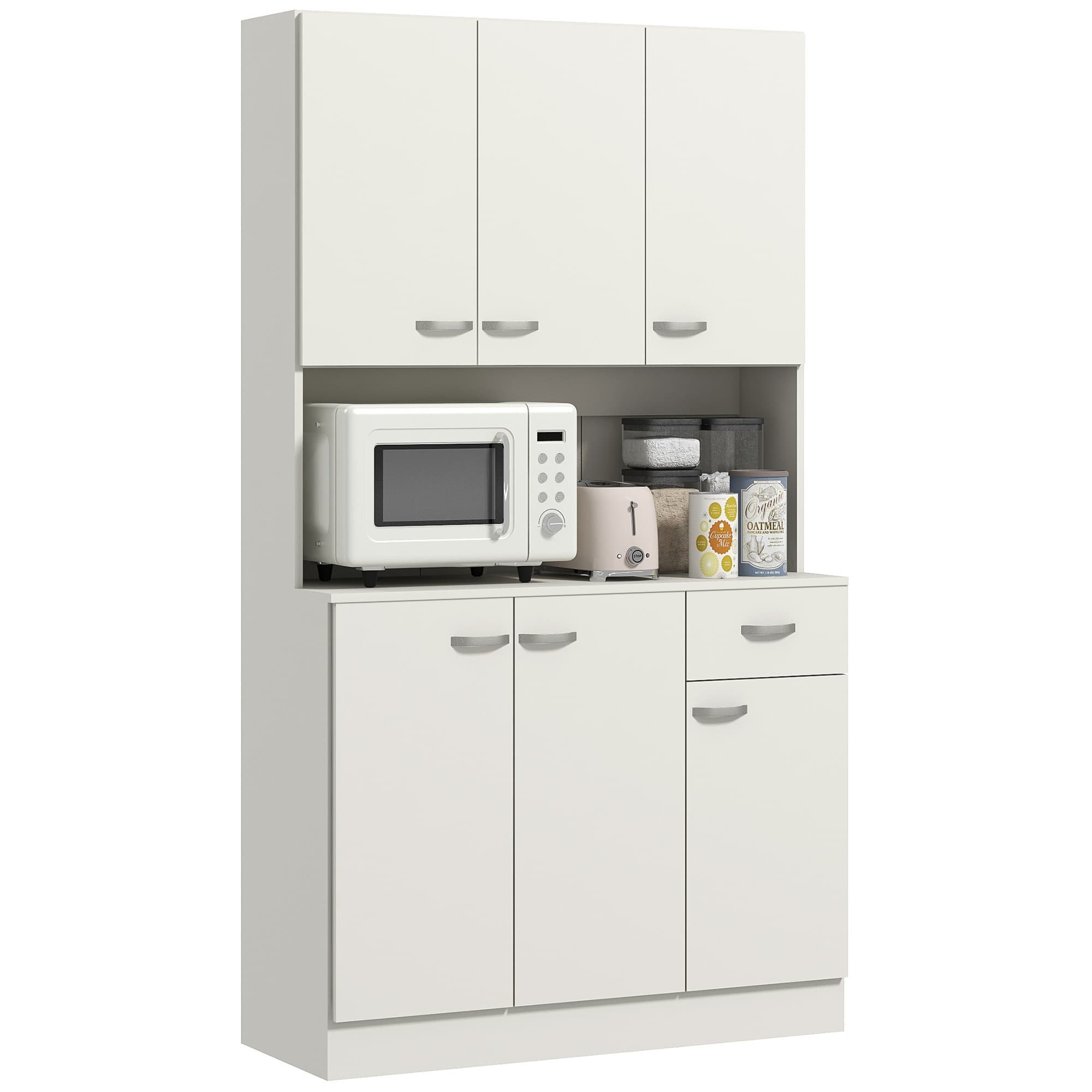 A tall white pantry cabinet with open hutch and generous storage - Cream