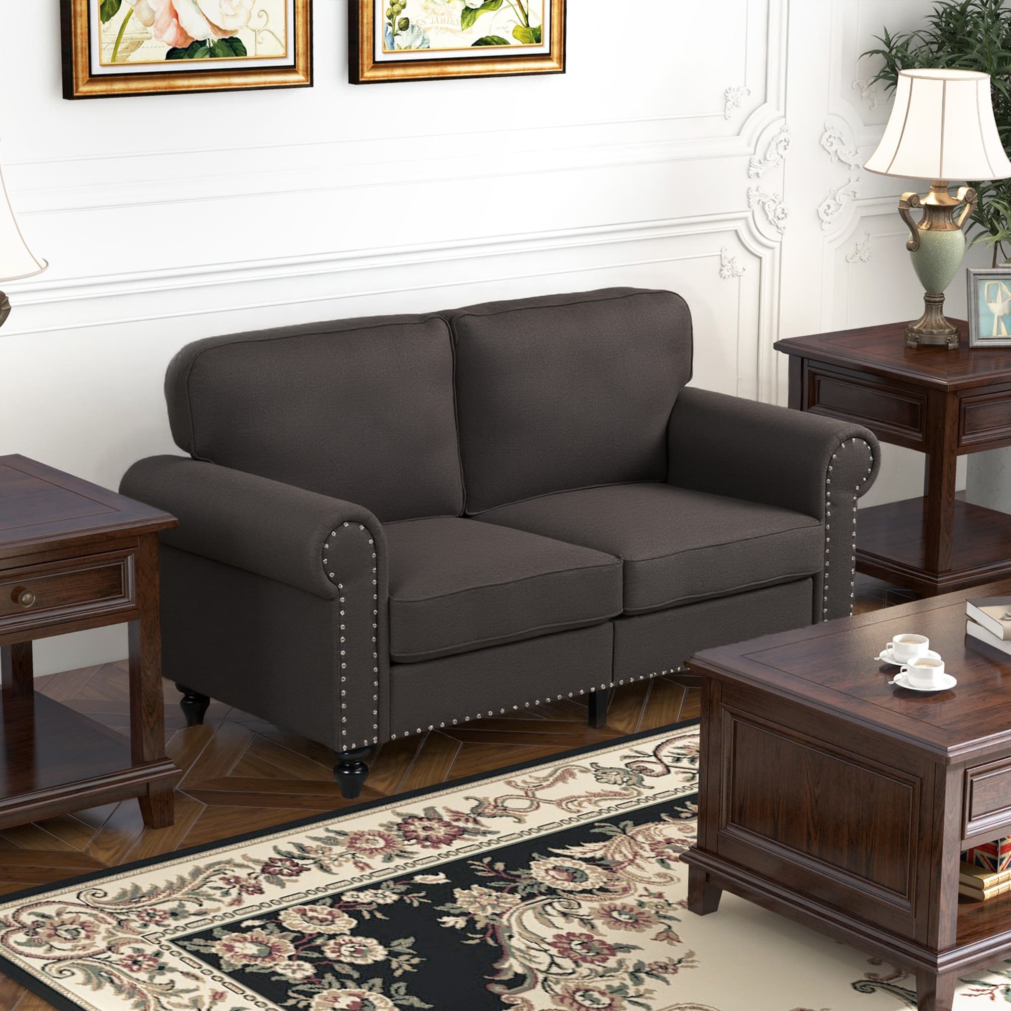 A Classic Two-Seater Loveseat with Rolled Arms and Nailhead Trim - image 2