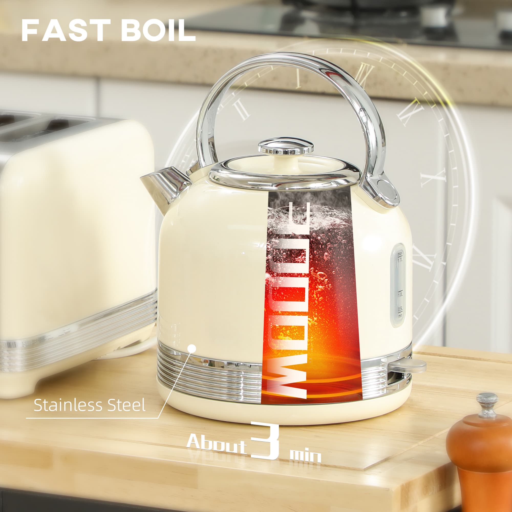 Cream Retro Kettle and 4-Slice Toaster Set with Chrome Finish - image 1