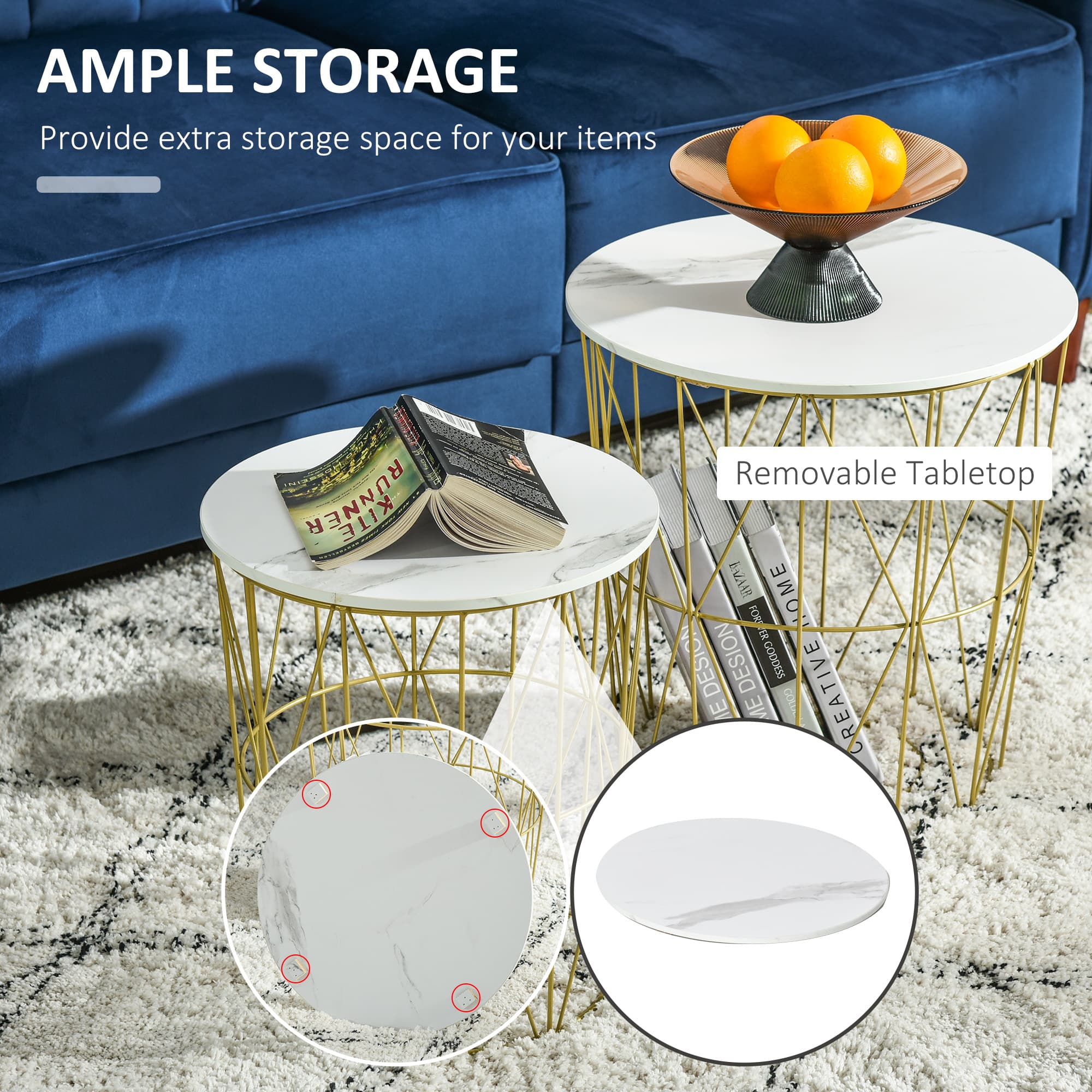 Round Nesting Tables With Marble-Effect Removable Tops and Gold Wire Bases - image 8
