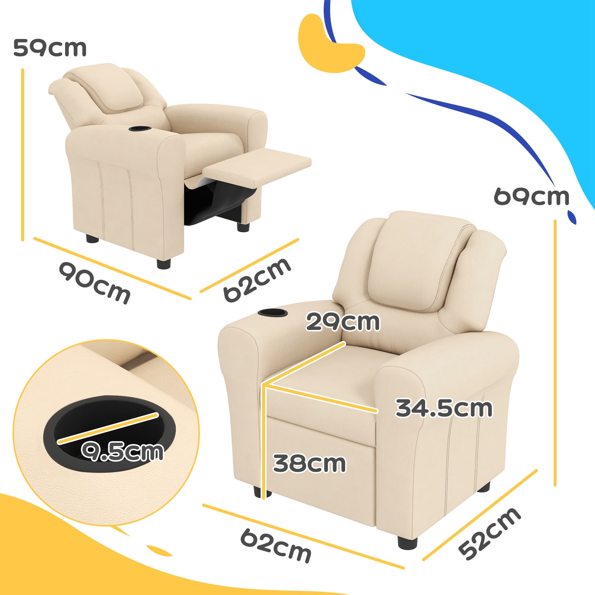 Children's Recliner Armchair with Cup Holder — Beige - image 4