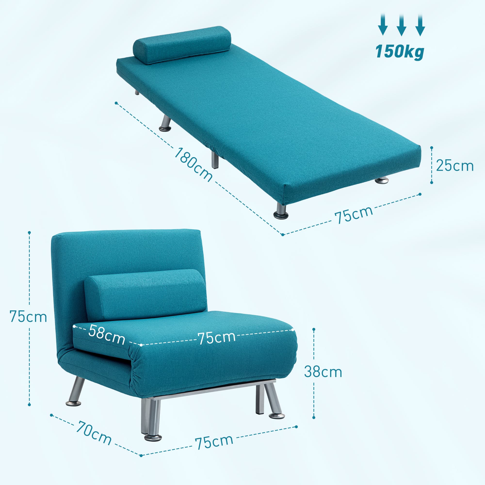 Single Chair Bed in Teal Linen-Feel Fabric with Adjustable Back - image 4