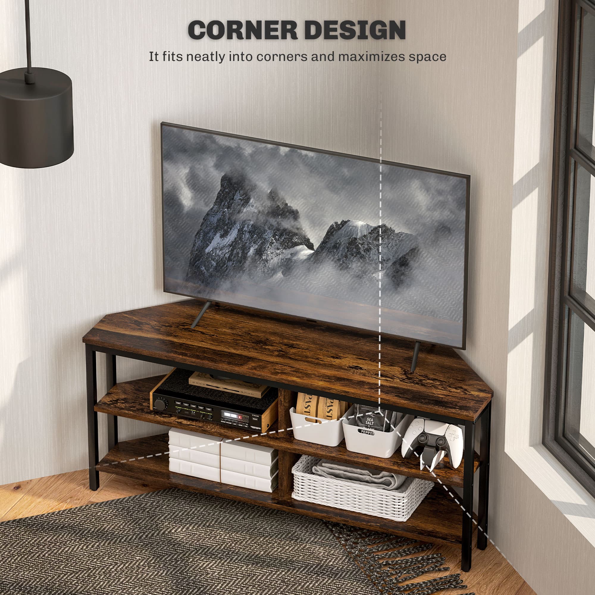 Space-Saving Industrial Corner TV Unit in Rustic Brown - image 1