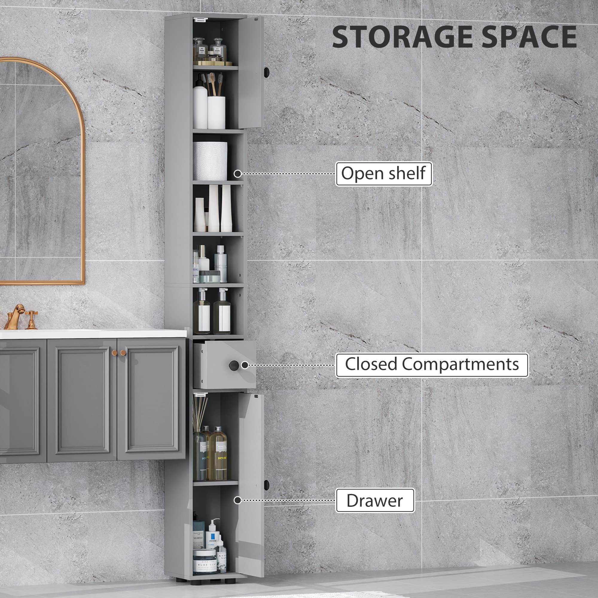 Effortless Storage: Kleankin 180cm Slim Grey Bathroom Cabinet - image 5