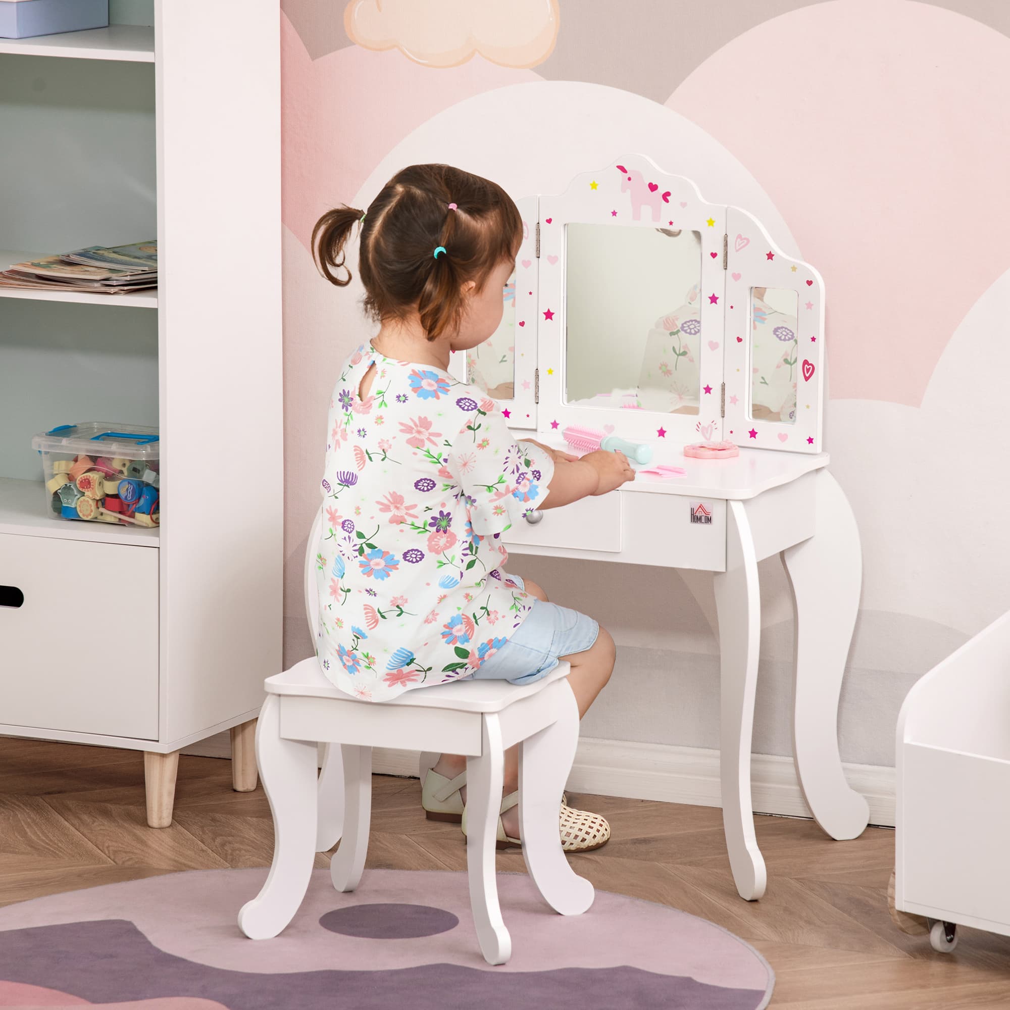 Kids Dressing Table and Stool Set with Tri-Fold Mirror - image 2