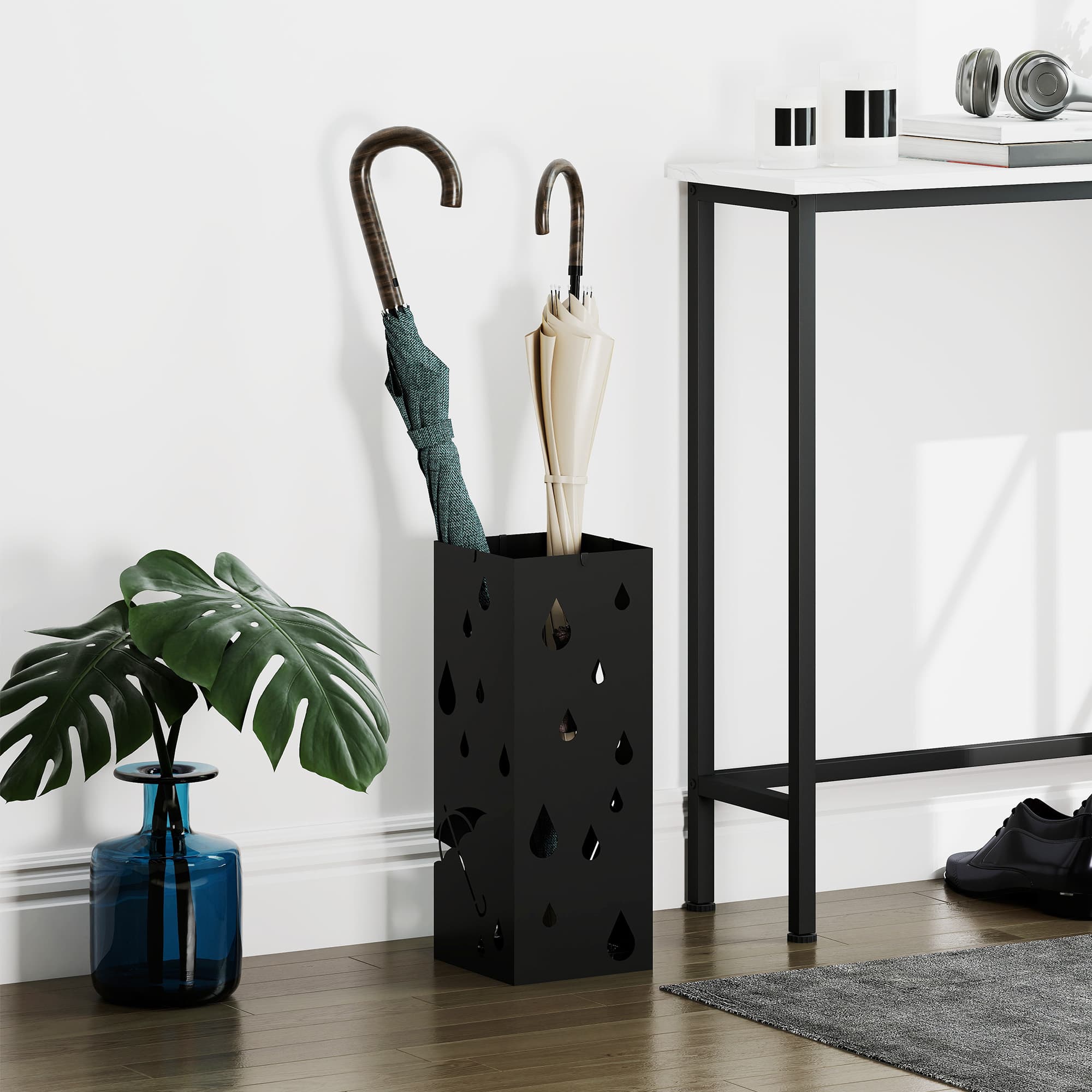 Black Steel Umbrella Stand with 4 Hooks and Removable Drip Tray - image 3