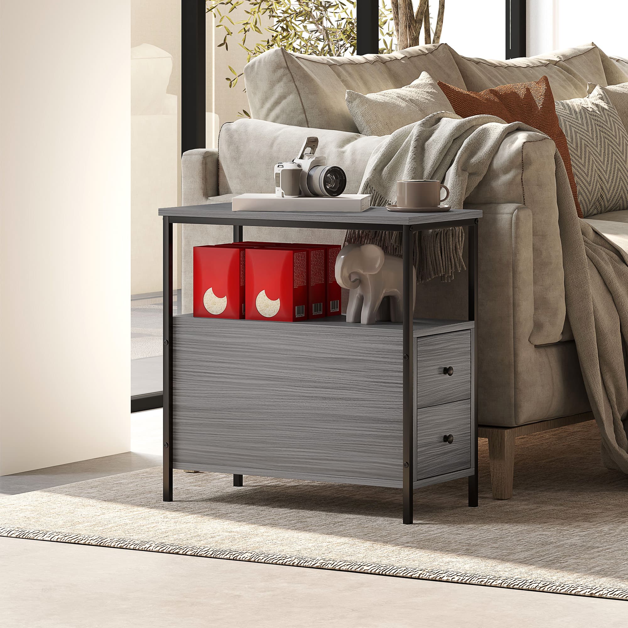 Grey Wood-Grain Side Table with Two Drawers and Shelf - image 2