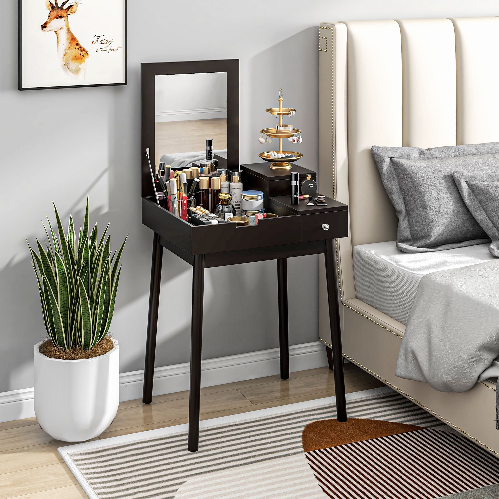 Compact Black Vanity Desk with Flip-Up Mirror and Drawers - image 4