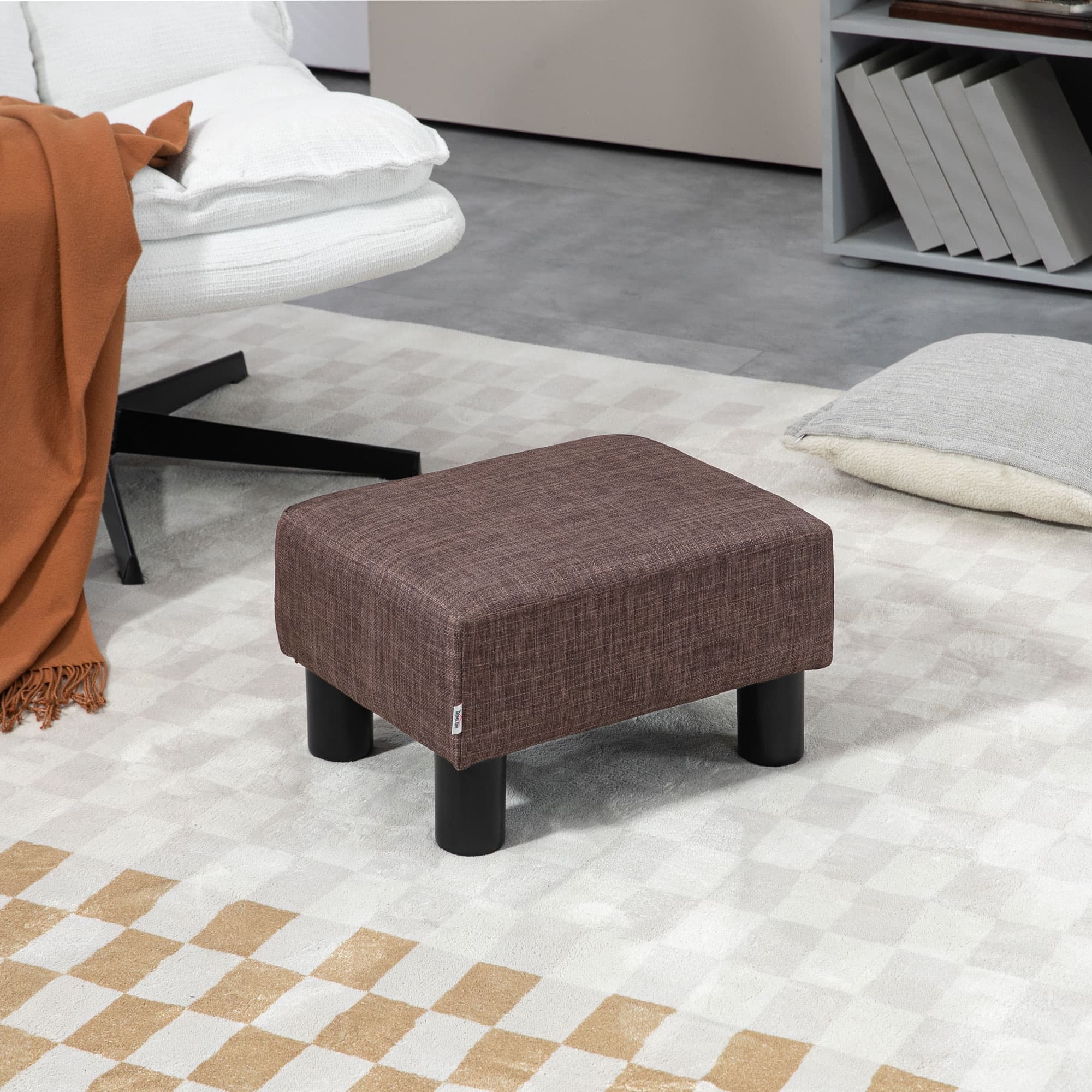 Small brown linen footstool with foam cushioning and plastic legs - image 6