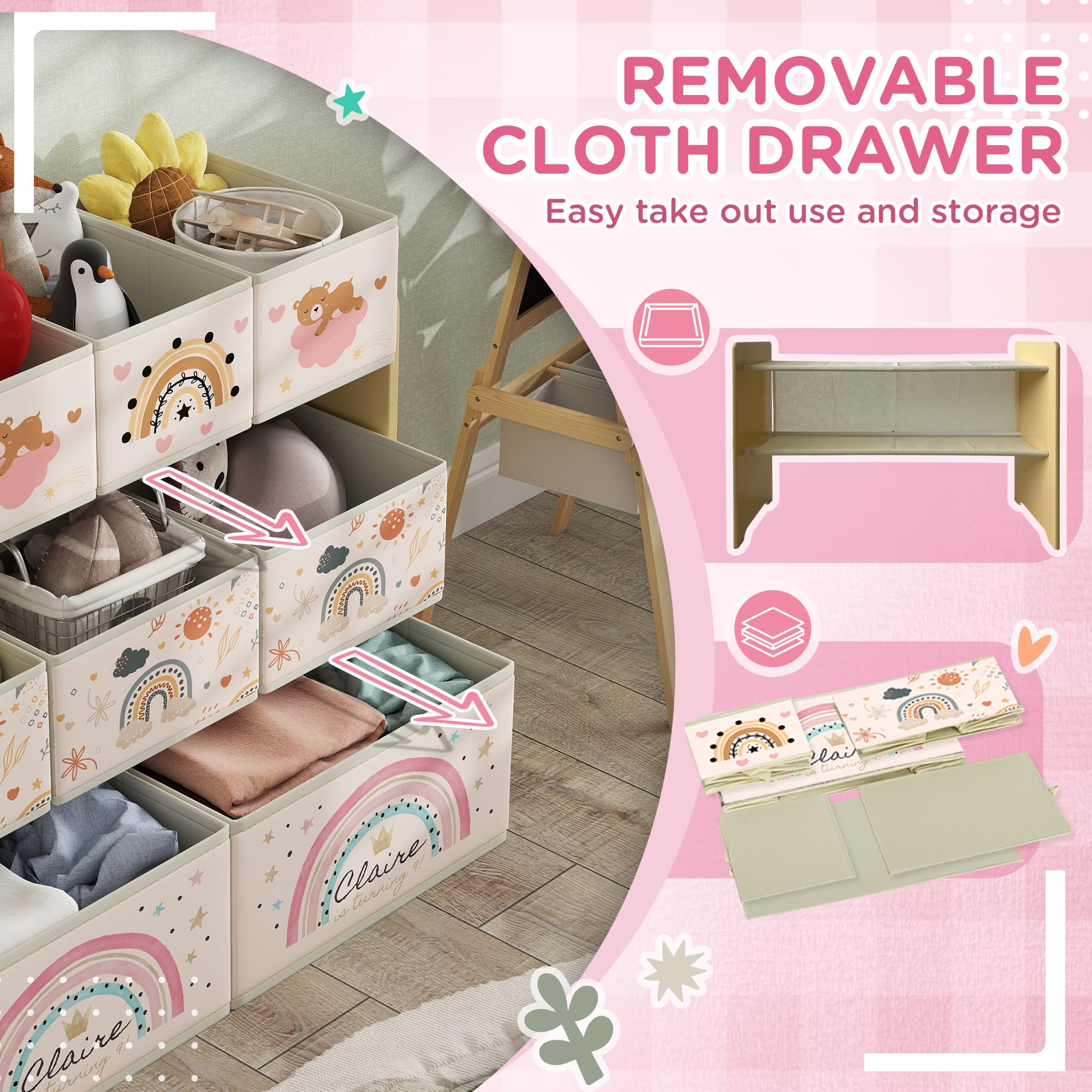 Kids 3-Tier Storage With 9 Rainbow-Print Fabric Boxes - image 4