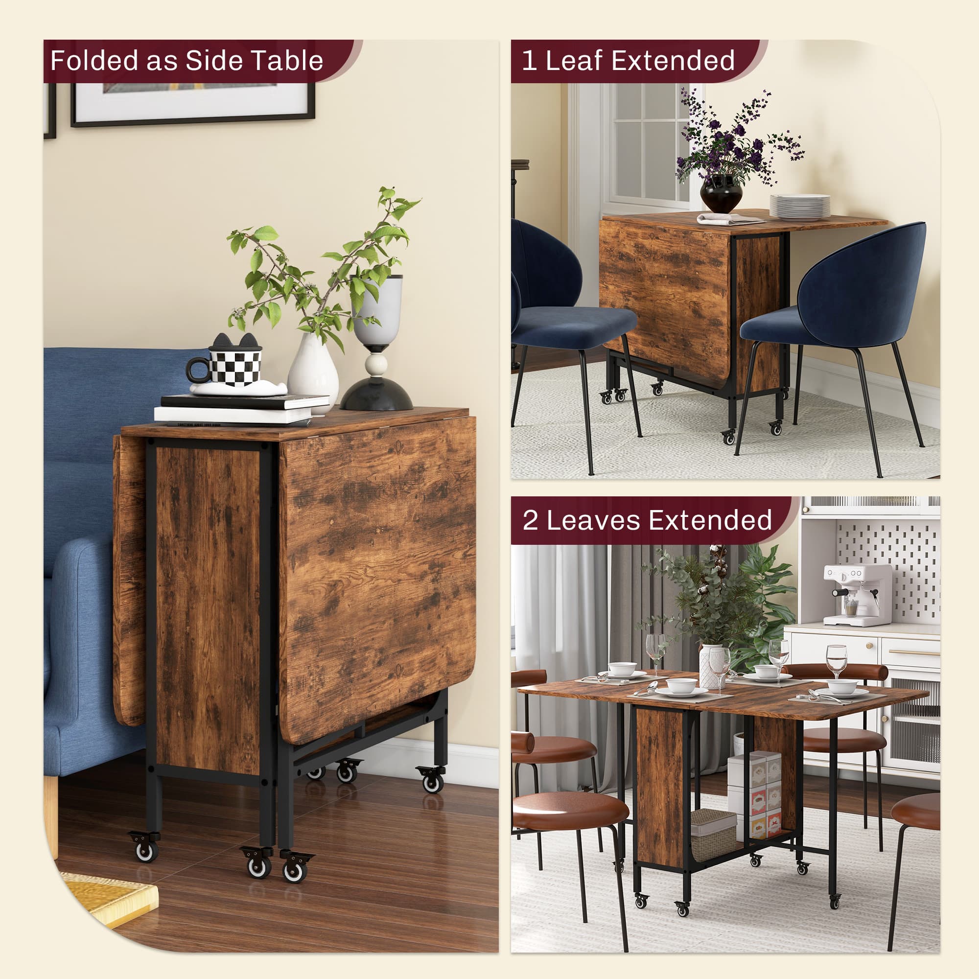 Folding Drop Leaf Dining Table on Wheels - Rustic Brown - image 1