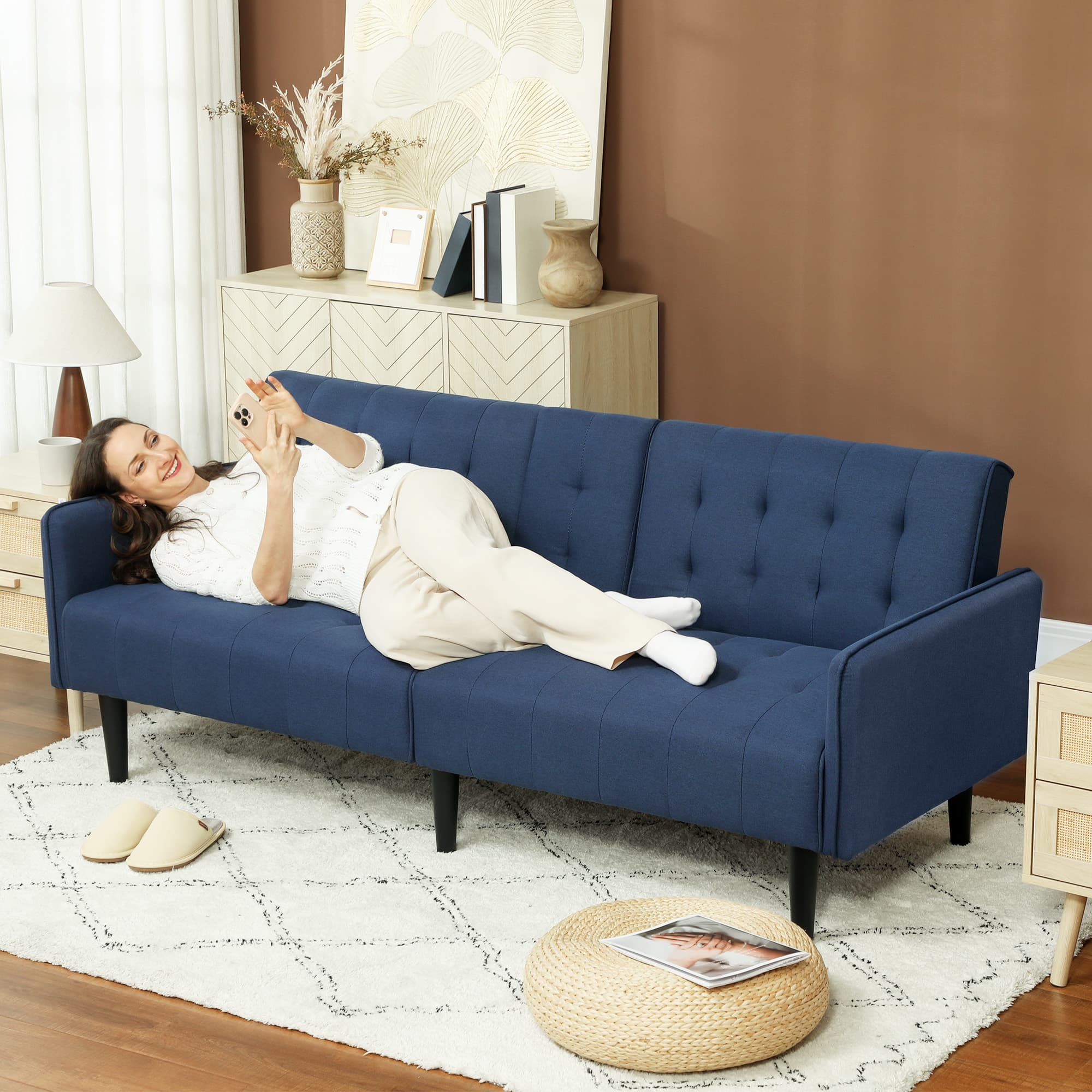 Dark Blue Sofa Bed for Three with Convertible Backrest - image 2
