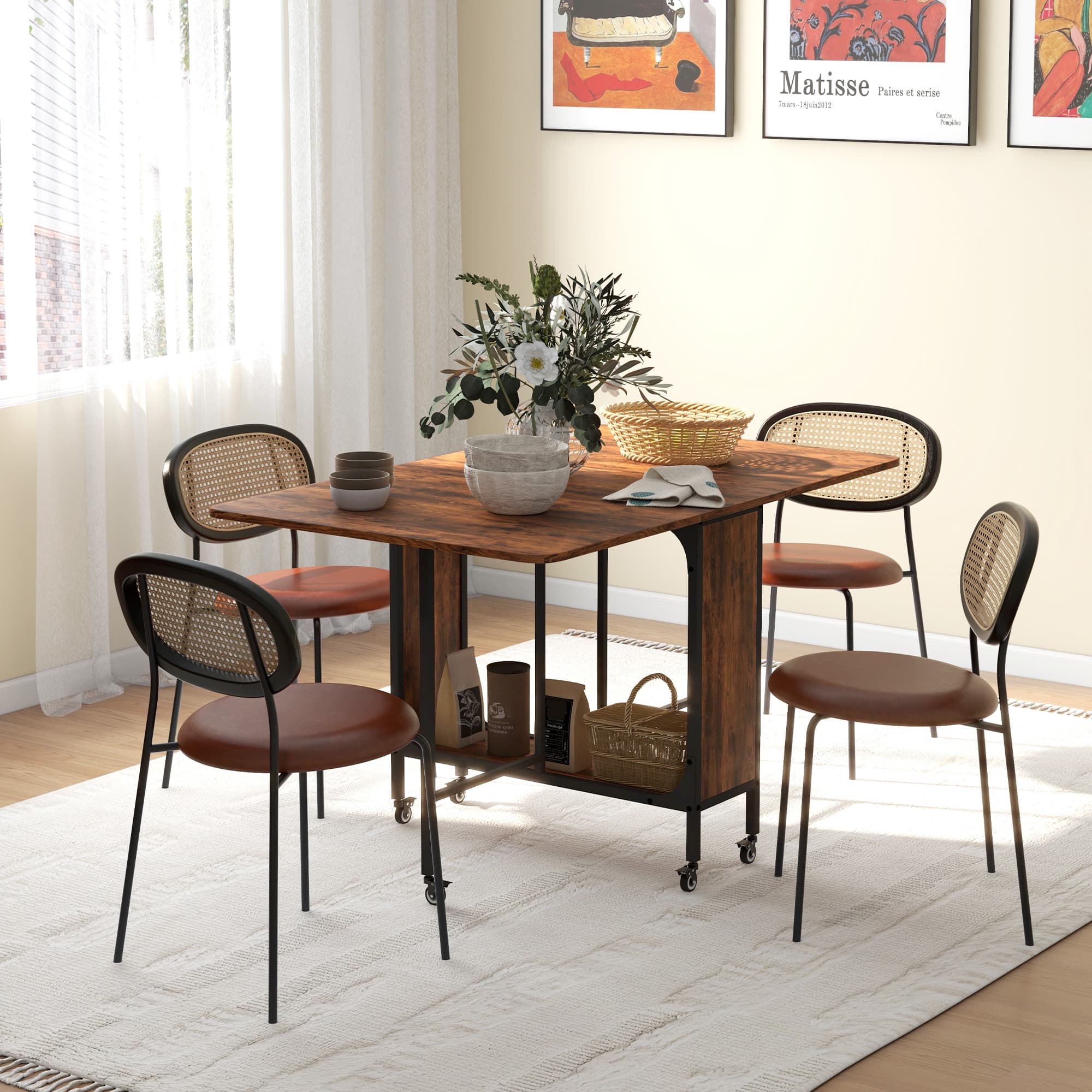 Folding Drop Leaf Dining Table on Wheels - Rustic Brown - image 2