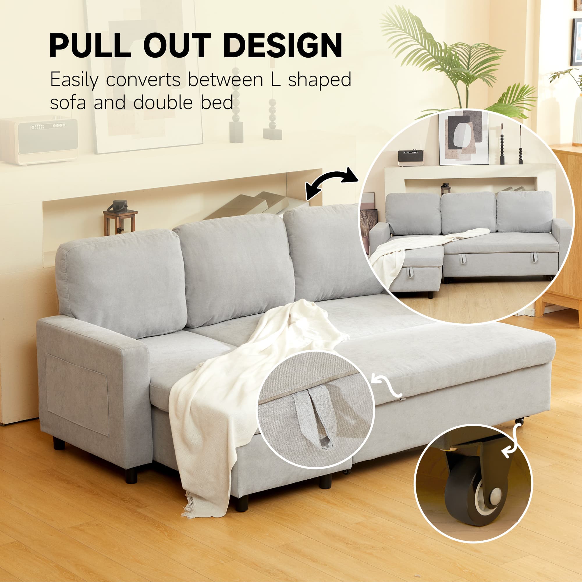 Light Grey Pull-Out Corner Sofa Bed with Chaise Storage - image 3