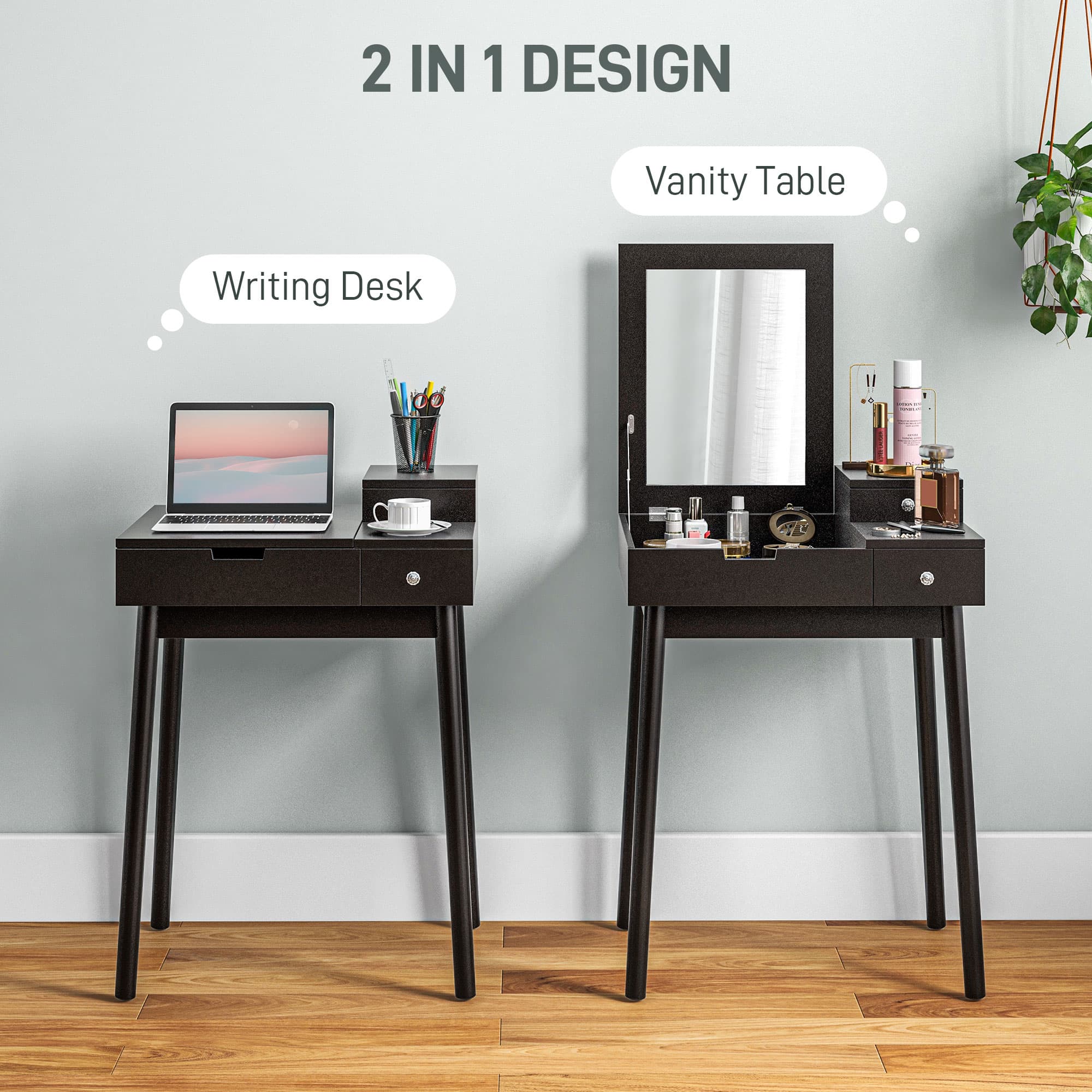 Compact Black Vanity Desk with Flip-Up Mirror and Drawers - image 1