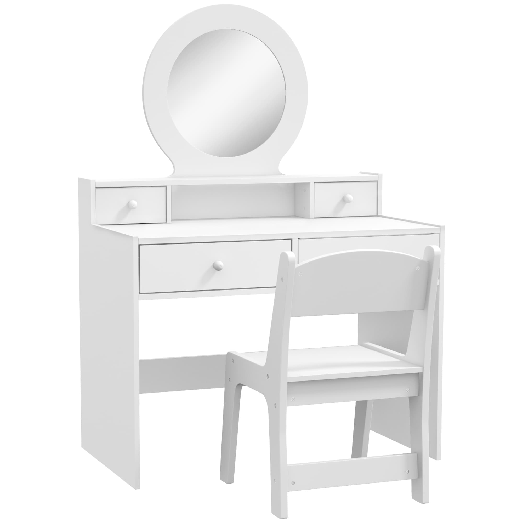 A kids' vanity table and matching chair set with a round mirror