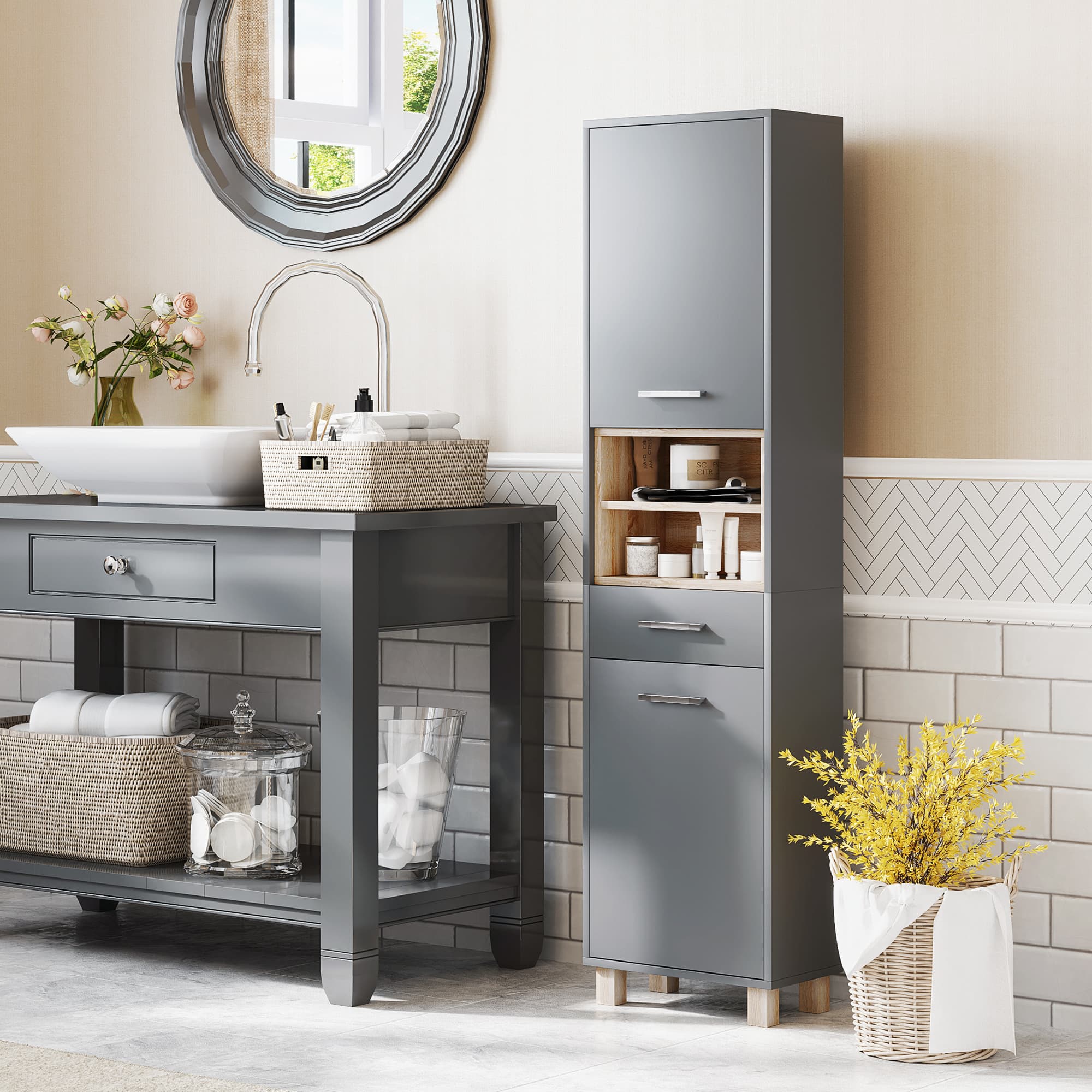 Effortless Storage: Tall Matte Grey Bathroom Cabinet - image 2