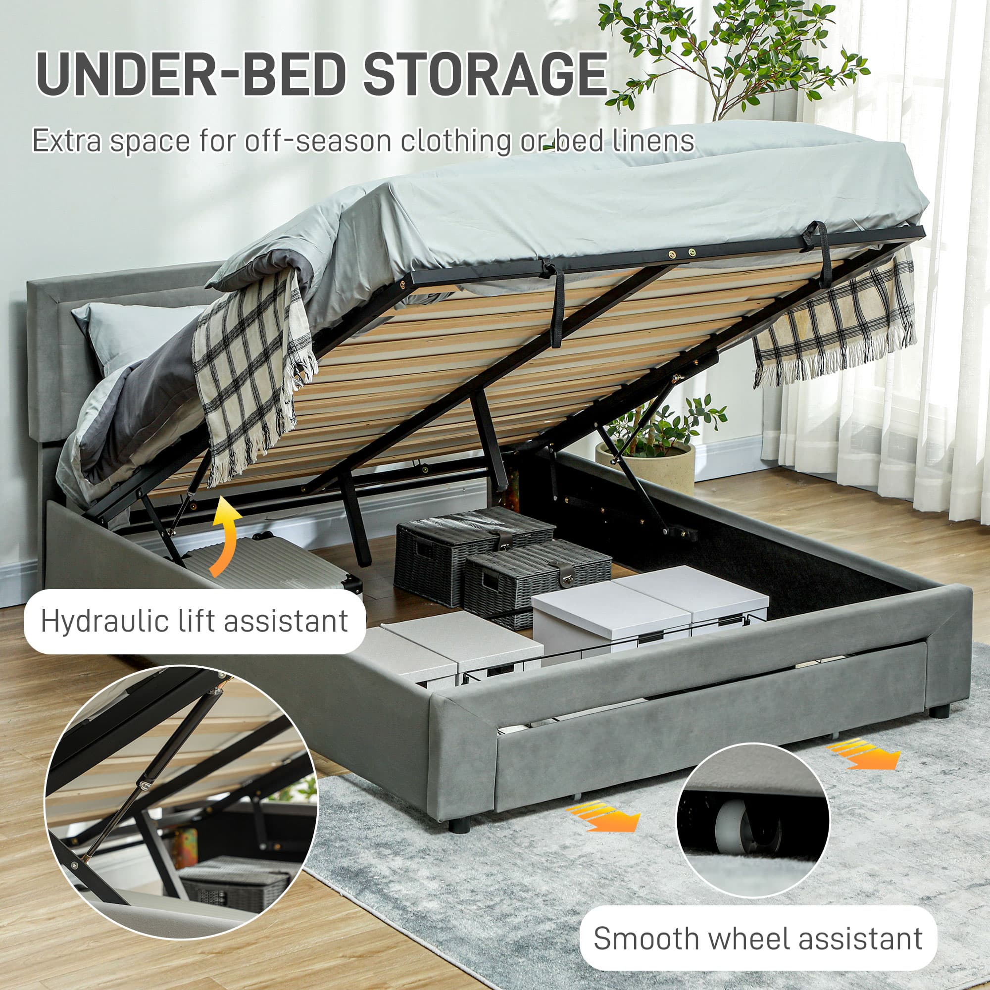 Grey Velvet Double Ottoman Bed with Front Storage Drawer - image 5