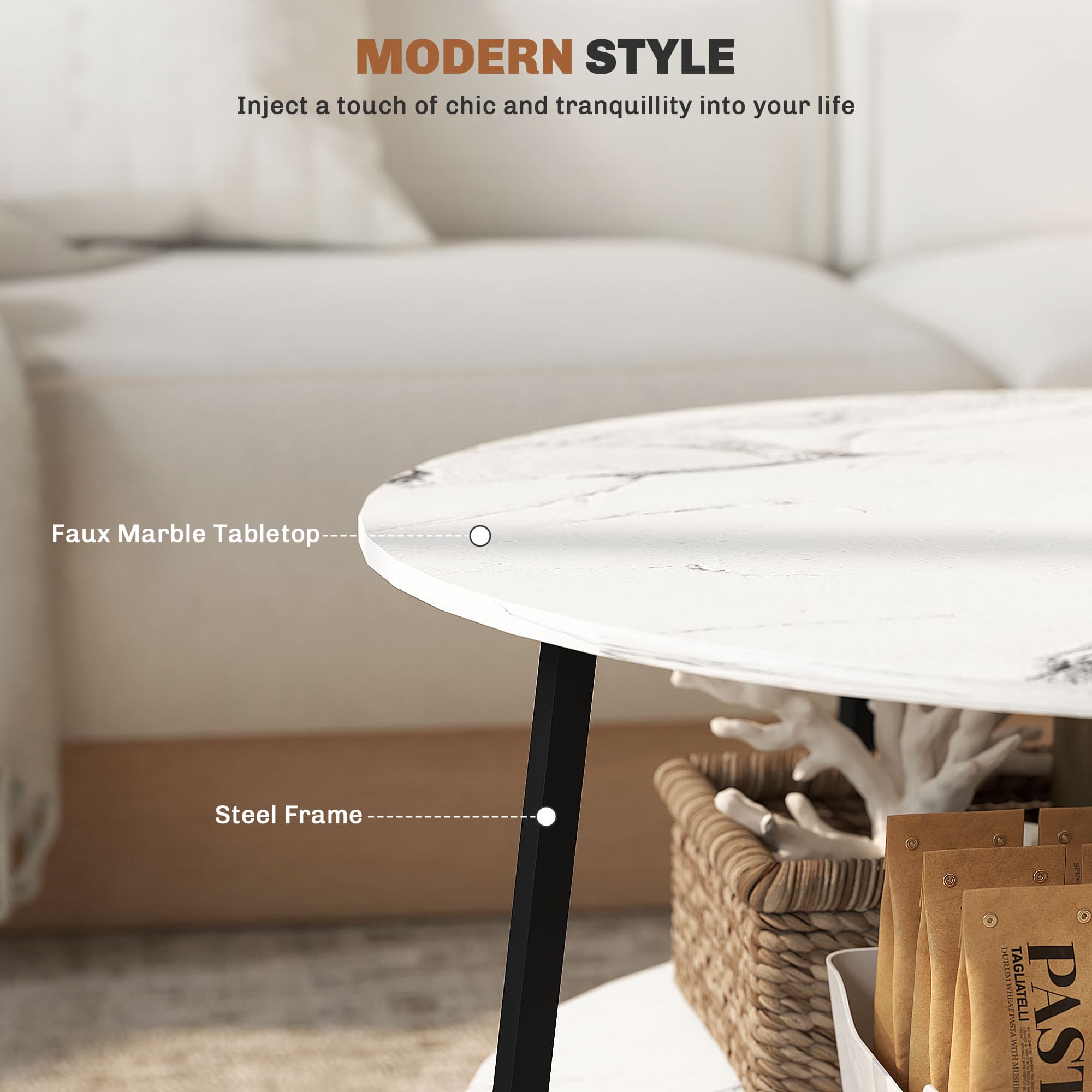 Round Marble-Effect Coffee Table — Two Tiers, Black Metal Frame - image 5
