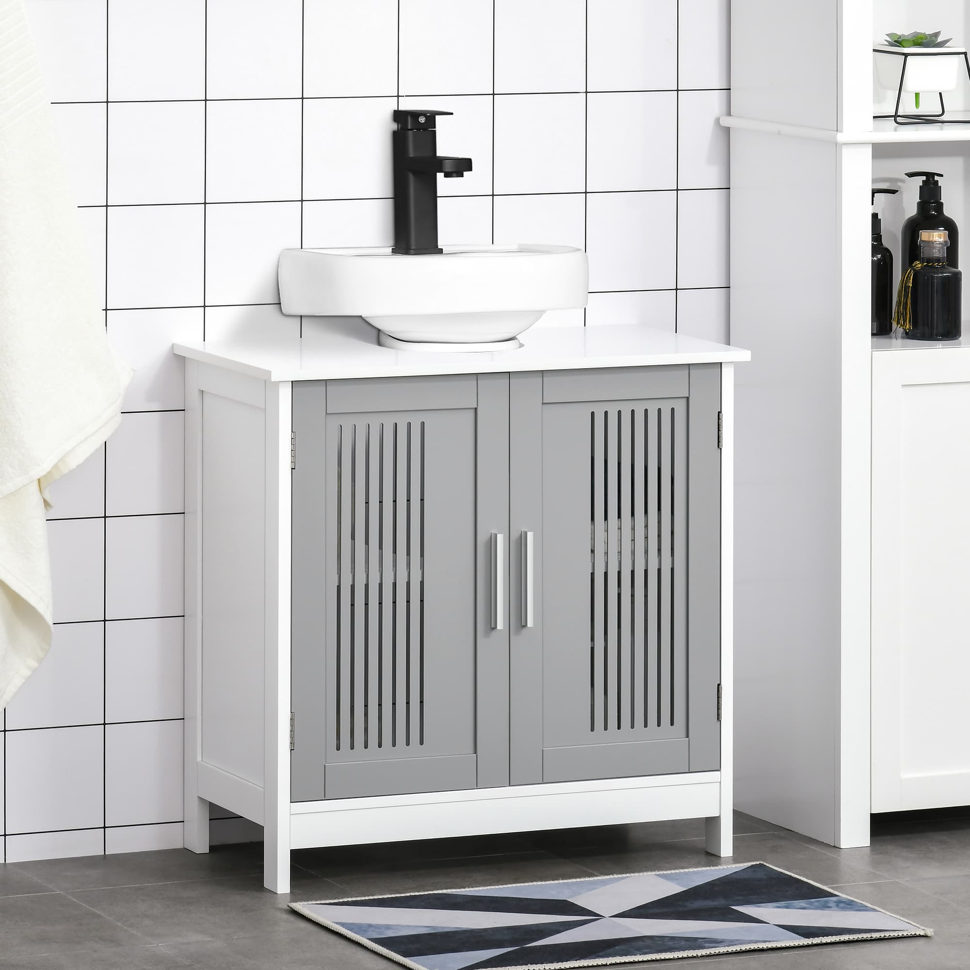 Grey Under-Sink Cabinet with Slatted Double Doors - image 4