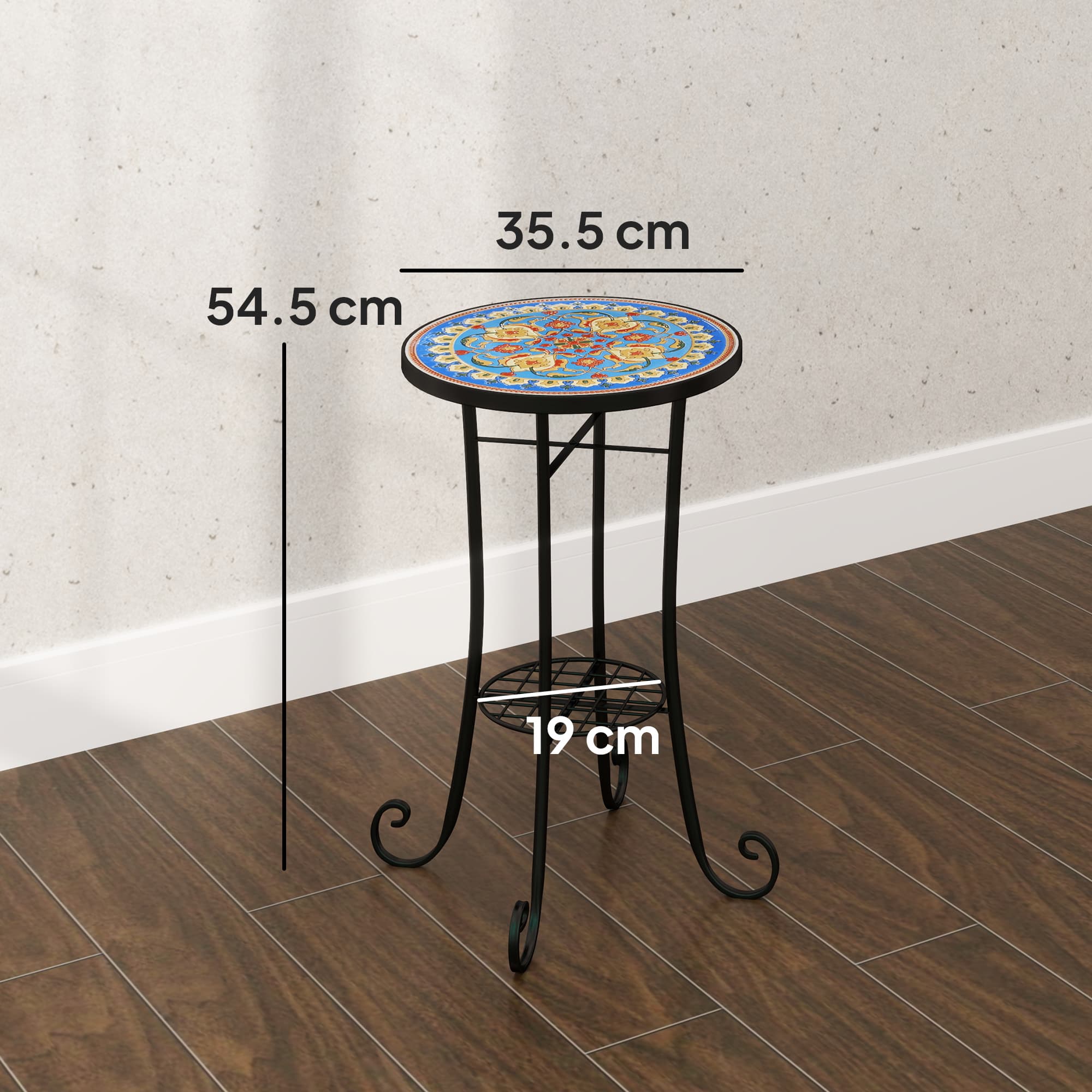 Blue mosaic garden side table with lower shelf - image 8
