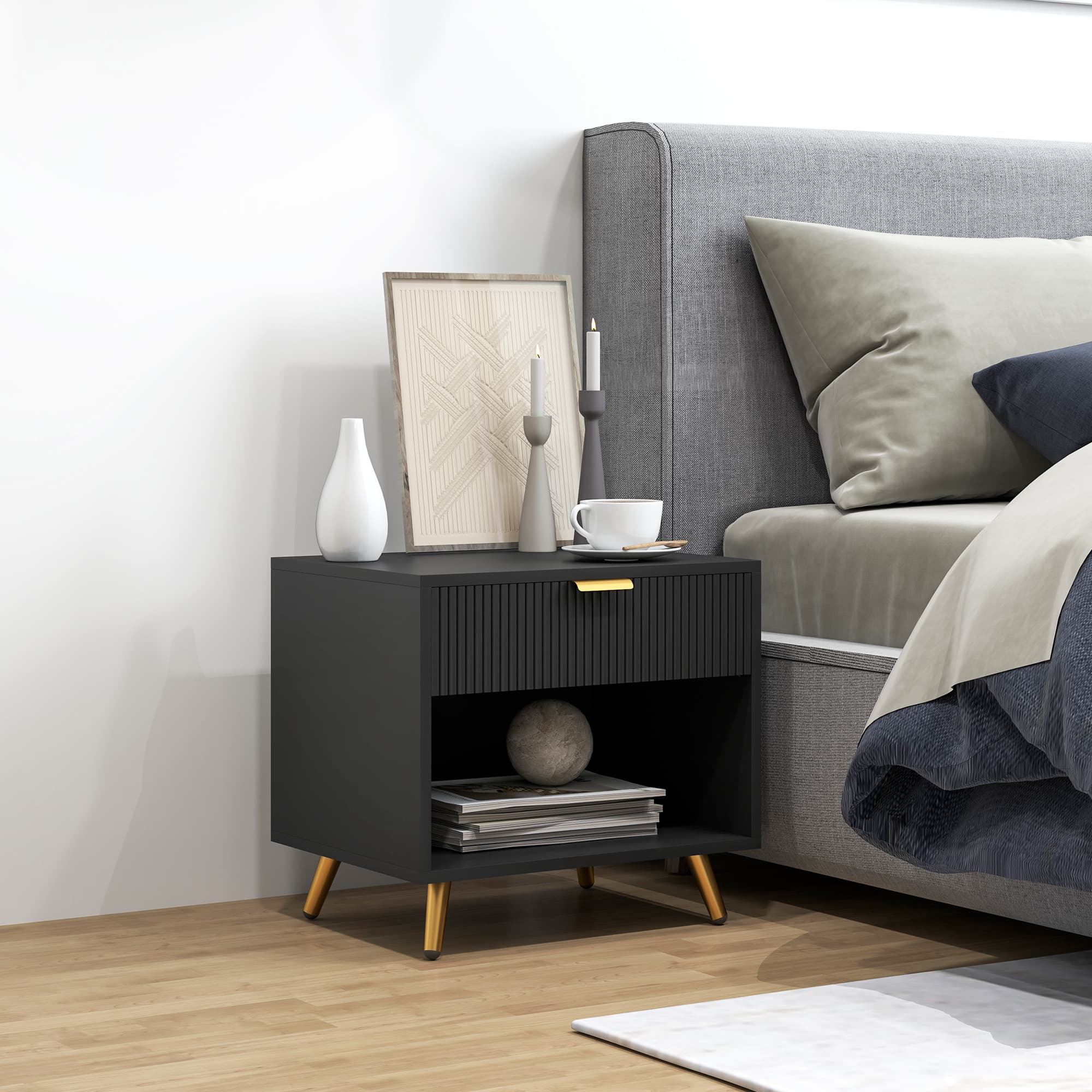 Black Bedside Table with Gold Legs and Fluted Drawer Front - image 7