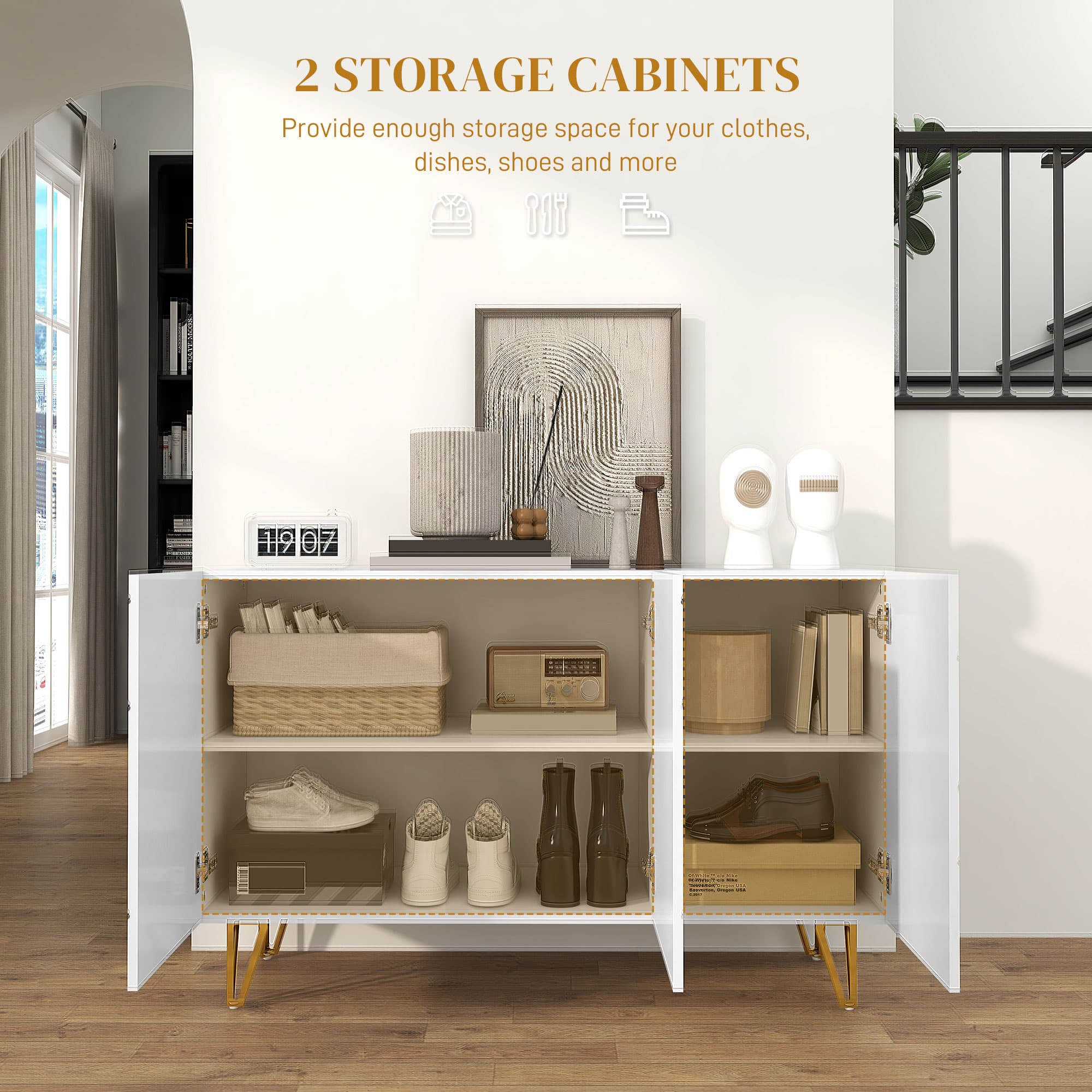 High-Gloss White Sideboard with Geometric Doors and Gold Metal Legs - image 5