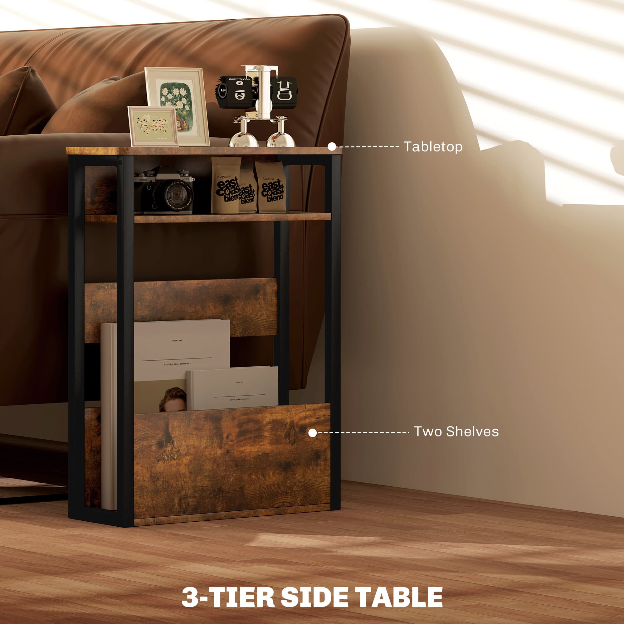 Industrial Side Table with Three Tiers and Magazine Rack - image 5