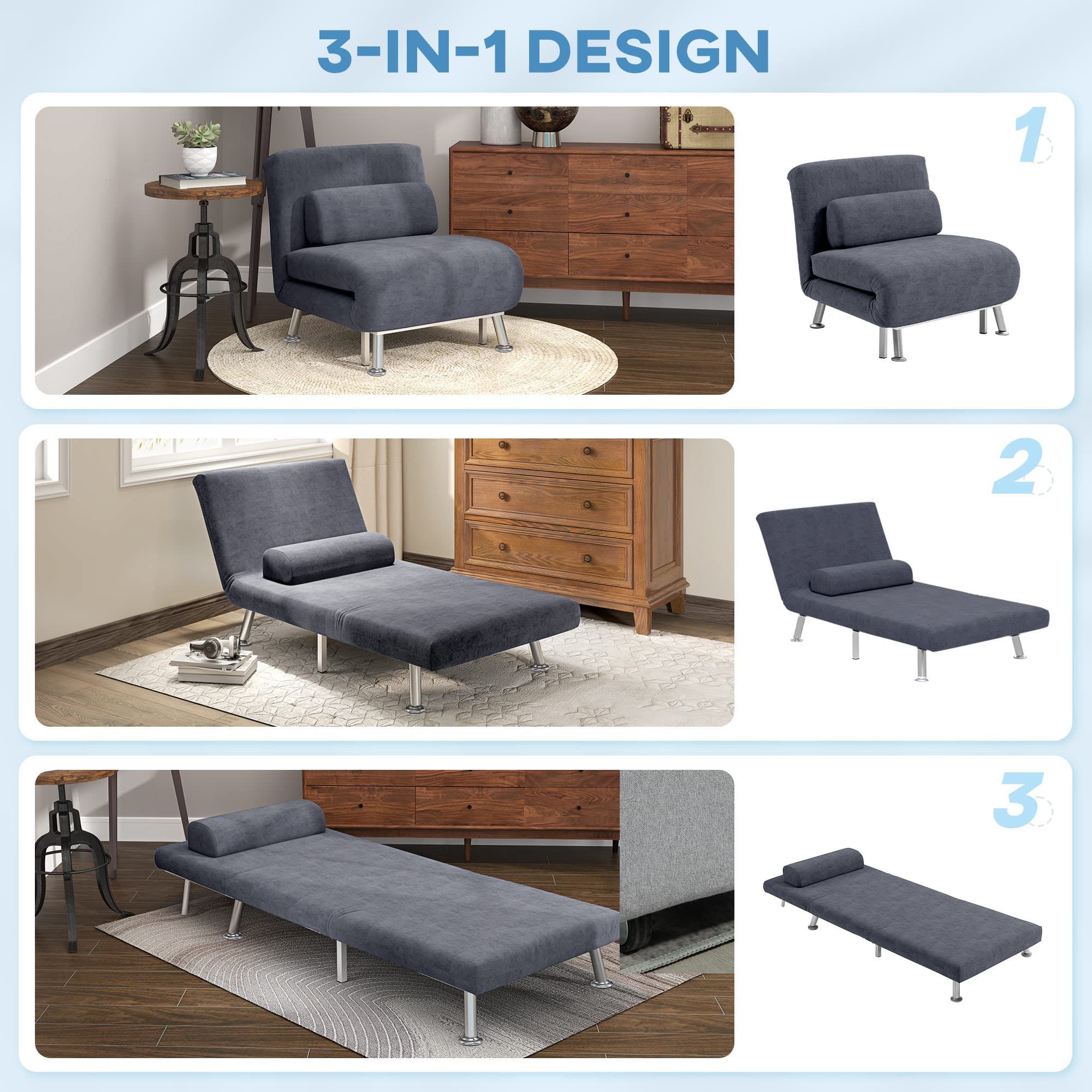 Charcoal Grey Velvet-Feel Single Sleeper Chair - image 2