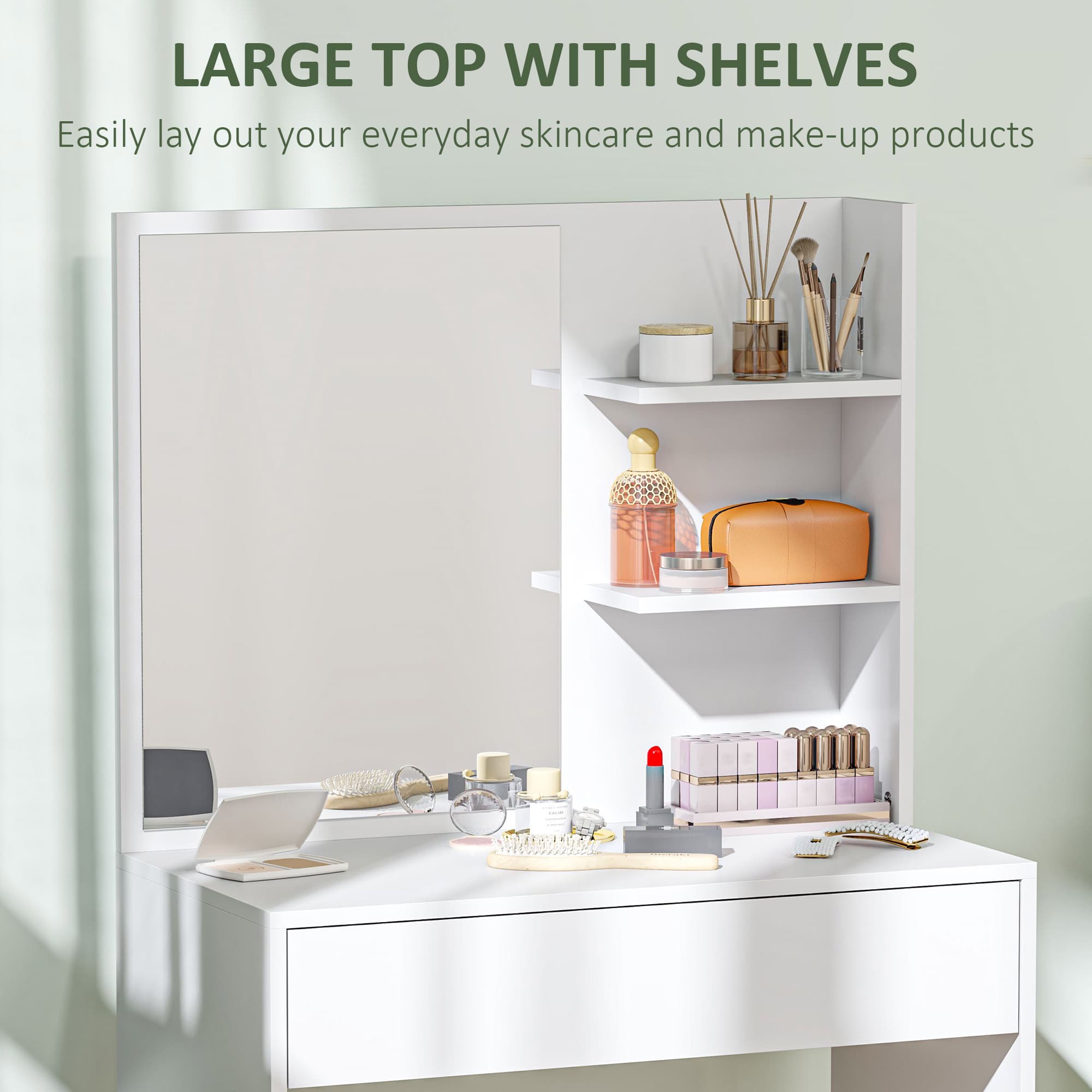 Dressing Table With Mirror, Drawer and Shelves – White - image 3