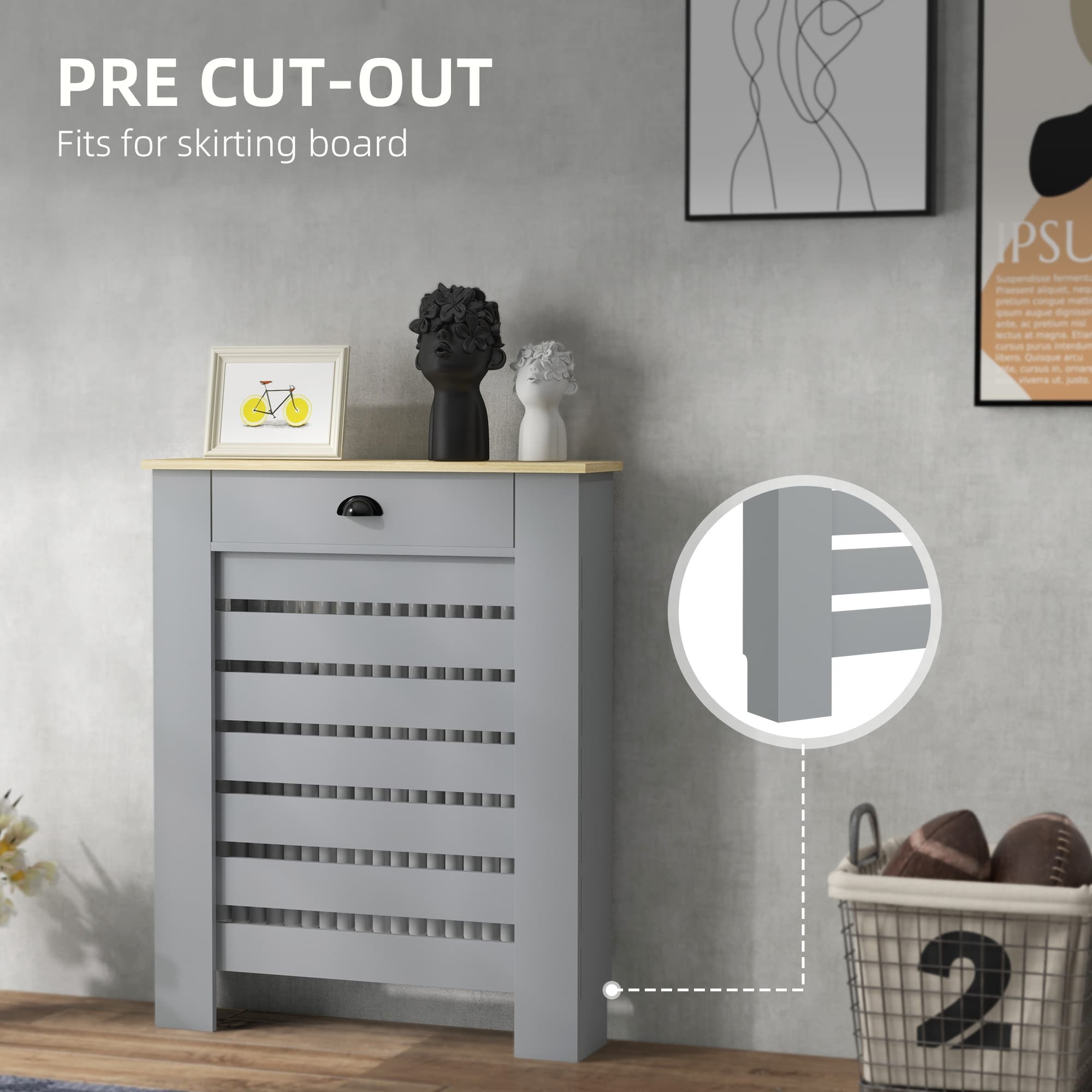 Grey Radiator Cover with Storage Drawer & Slatted Design - image 3