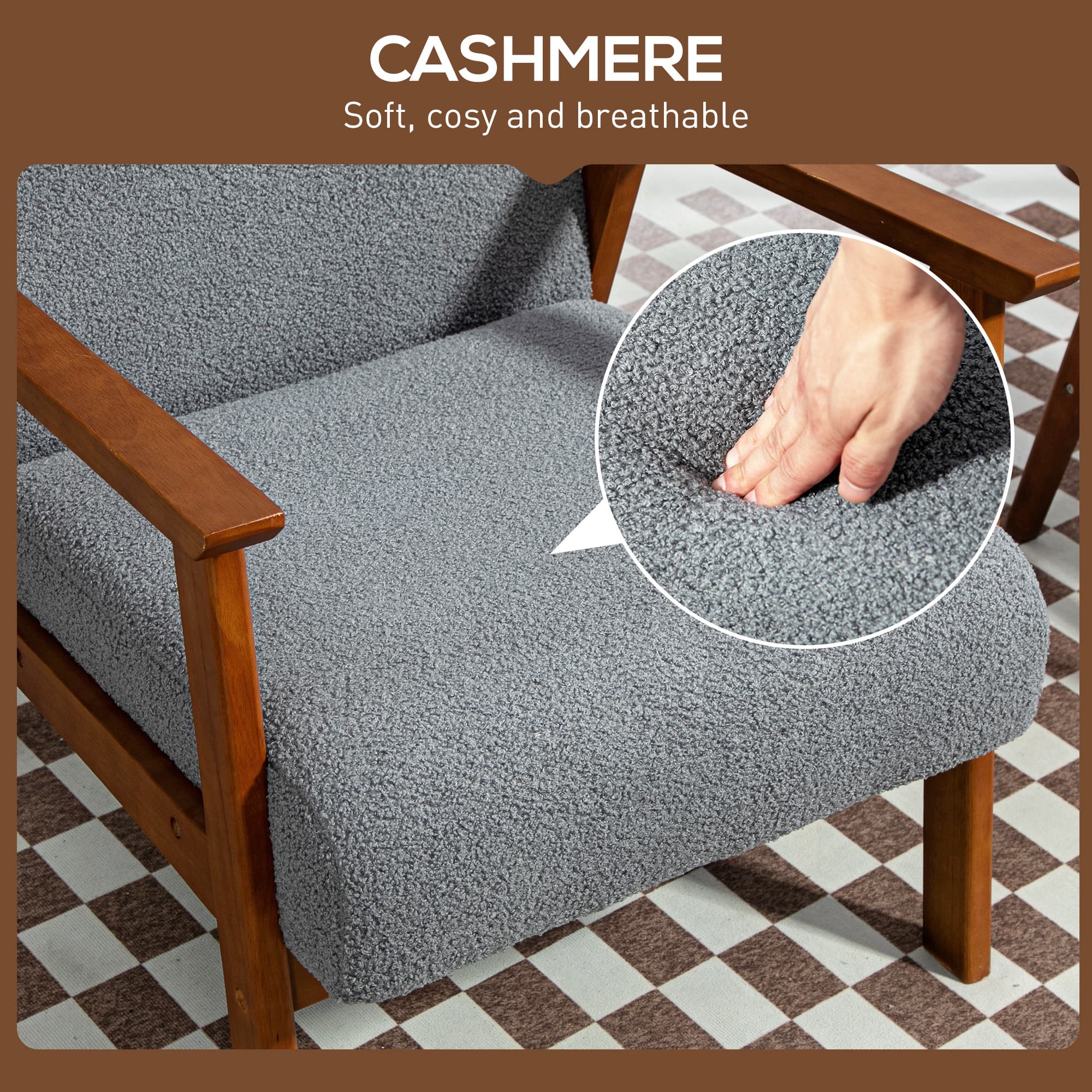 Grey Boucle Accent Chair with Solid Wooden Frame - image 1