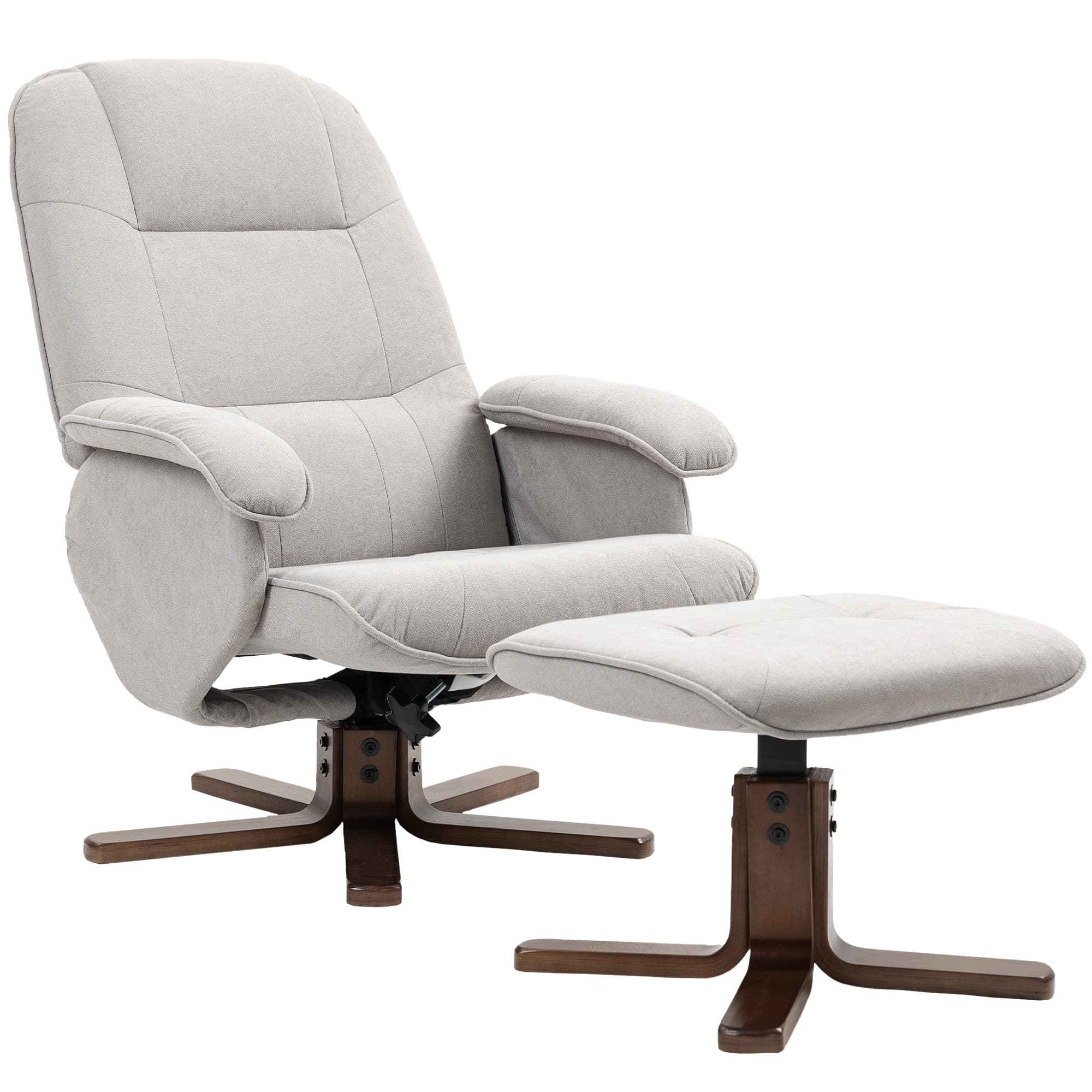 Light Grey Swivel Recliner with Footstool and Wooden Base - Light Grey
