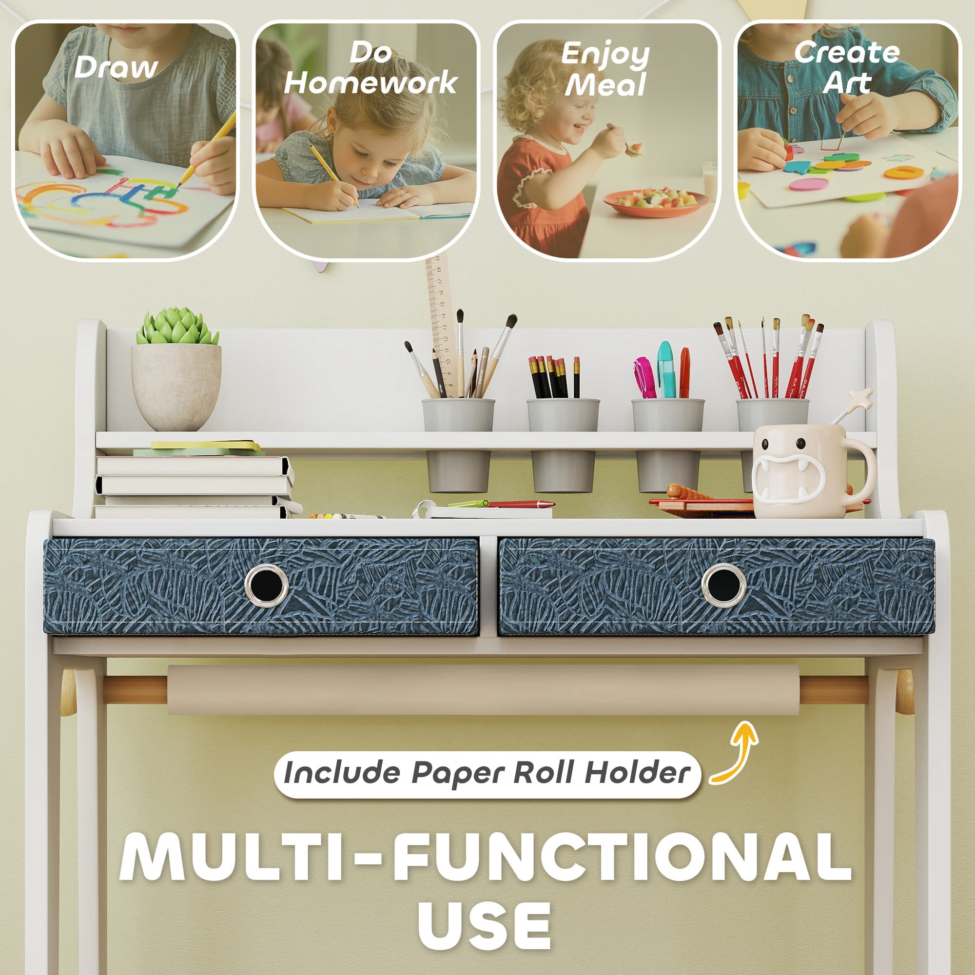 White children's art desk with chair and storage - image 8
