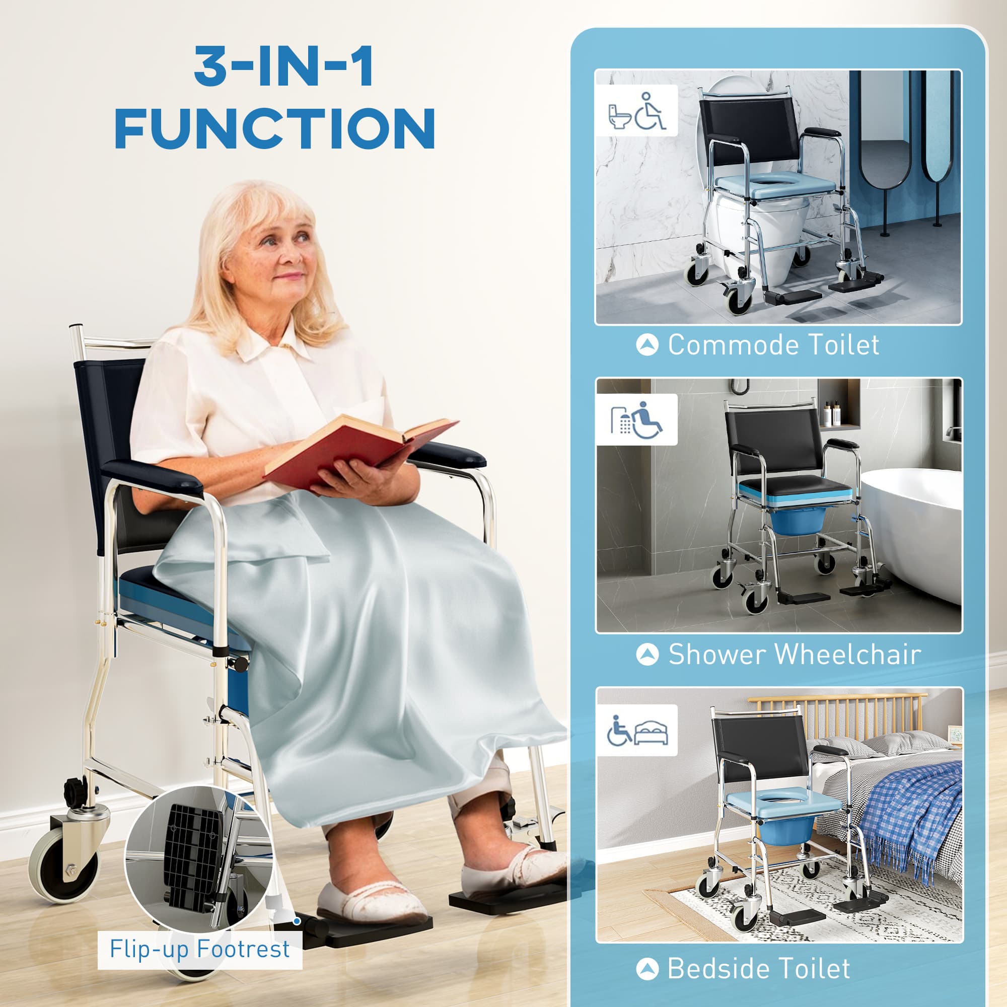 3-in-1 black commode wheelchair for bathroom support - image 8