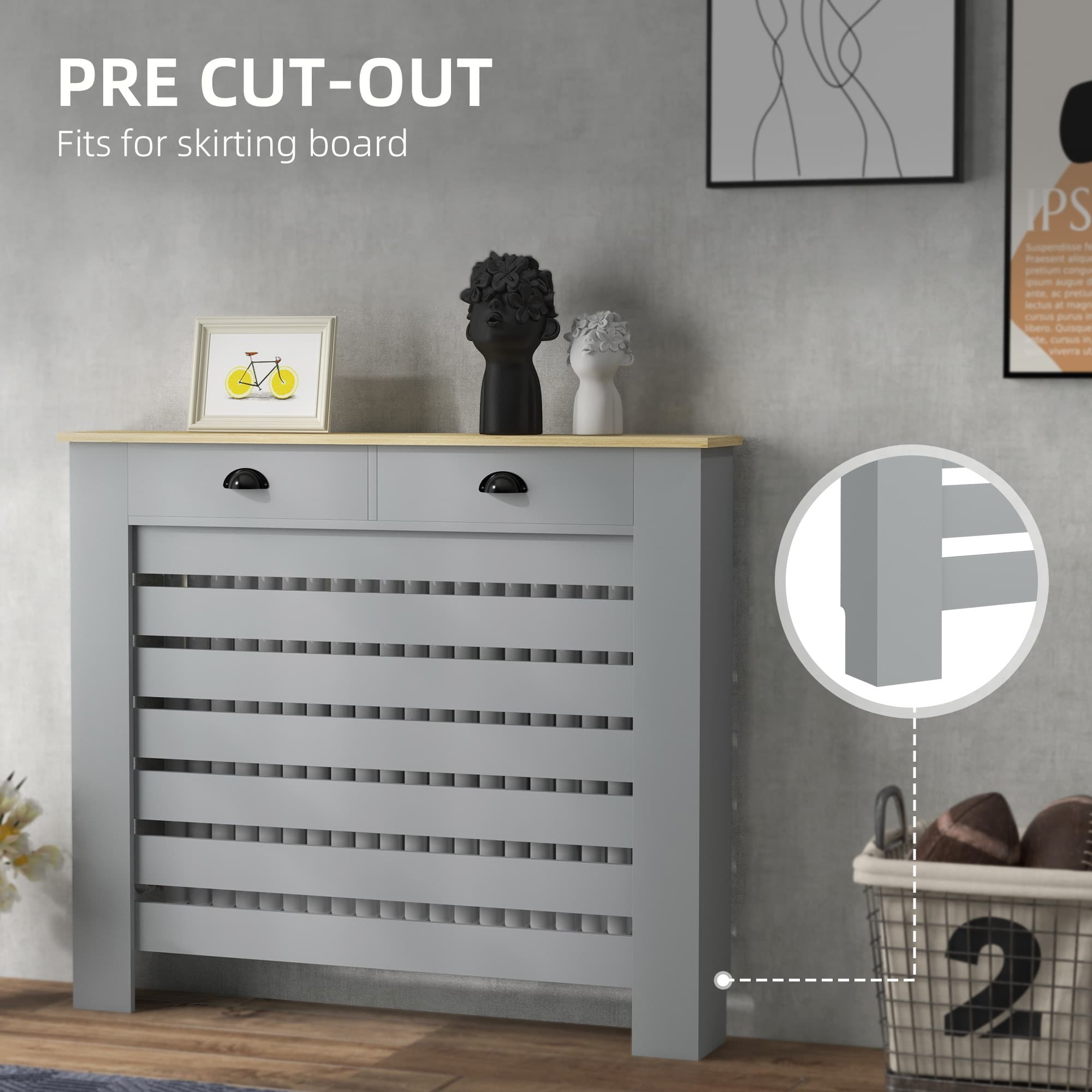 Slatted Radiator Cover with Two Drawers – Grey - image 5